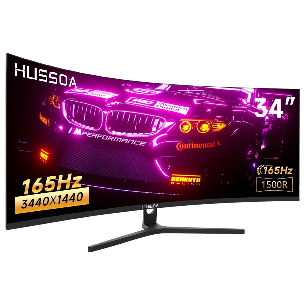 مانیتور بازی های اولتراواید Hussoa 34 اینچ، با وضوح تصویر WQHD 3440X1440P، نرخ به روزرسانی تصویر 144Hz/165Hz، منحنی، نسبت تصویر 21:9، با 1500R و پشتیبانی از 99 درصد فضای رنگی sRGB، قابلیت AMD Freesync، قابل نصب بر روی دیوار/تنظیم زاویه تصویر NQ3488
