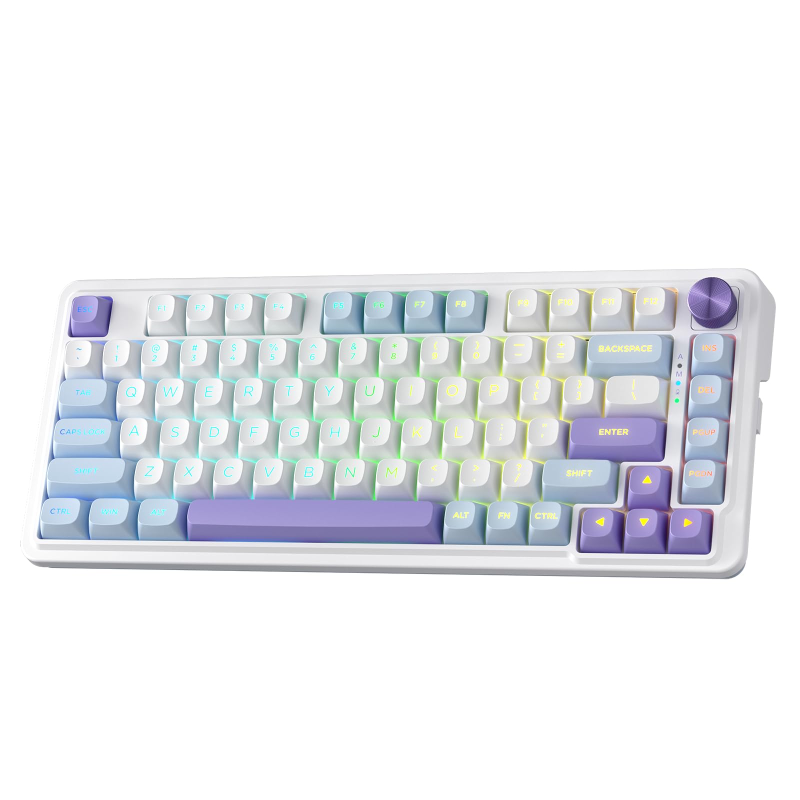 کیبرد بازی Redragon K673 PRO 75% بی‌سیم با نور پس‌زمینه RGB، 81 کلید مکانیکی کوچک PBT با 3 حالت ورودی، پورت جایگزین سریع، کنترل دسته اختصاصی و کاهش صدای 5 لایه، سوئیچ خطی سفارشی با رنگ بنفش ماهتابی