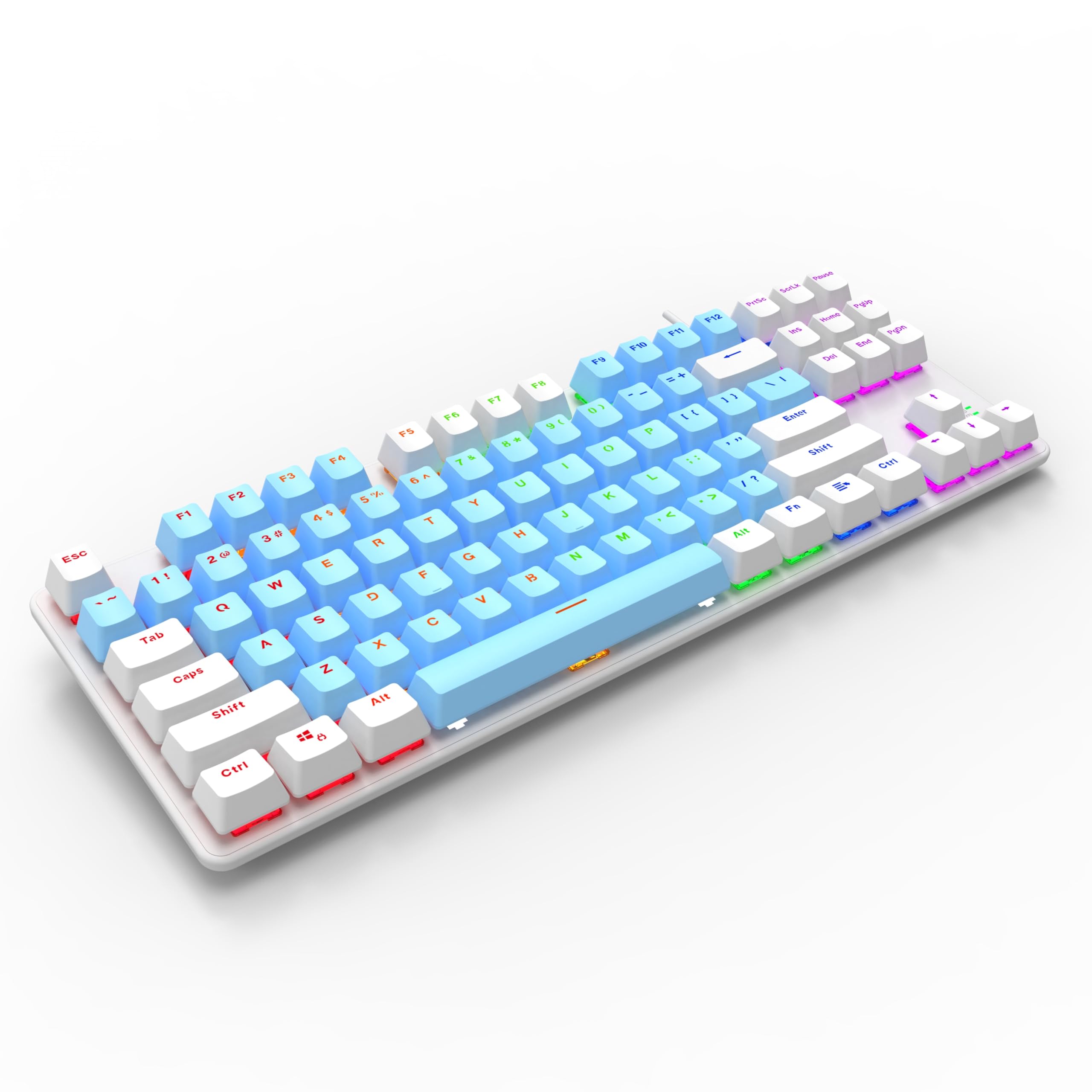 کیبورد مکانیکال با نور پس زمینه چند رنگه Mechanical Keyboard 5-Color Led Multi-Mode Atmosphere Backlit کیبورد گیمینگ مکانیکی 87 کلیدی Compact Brown Switch Anti-Ghosting کیبورد کامپیوتری با سیم USB برای لپتاپ و کامپیوتر شخصی گیمر (آبی سفید)