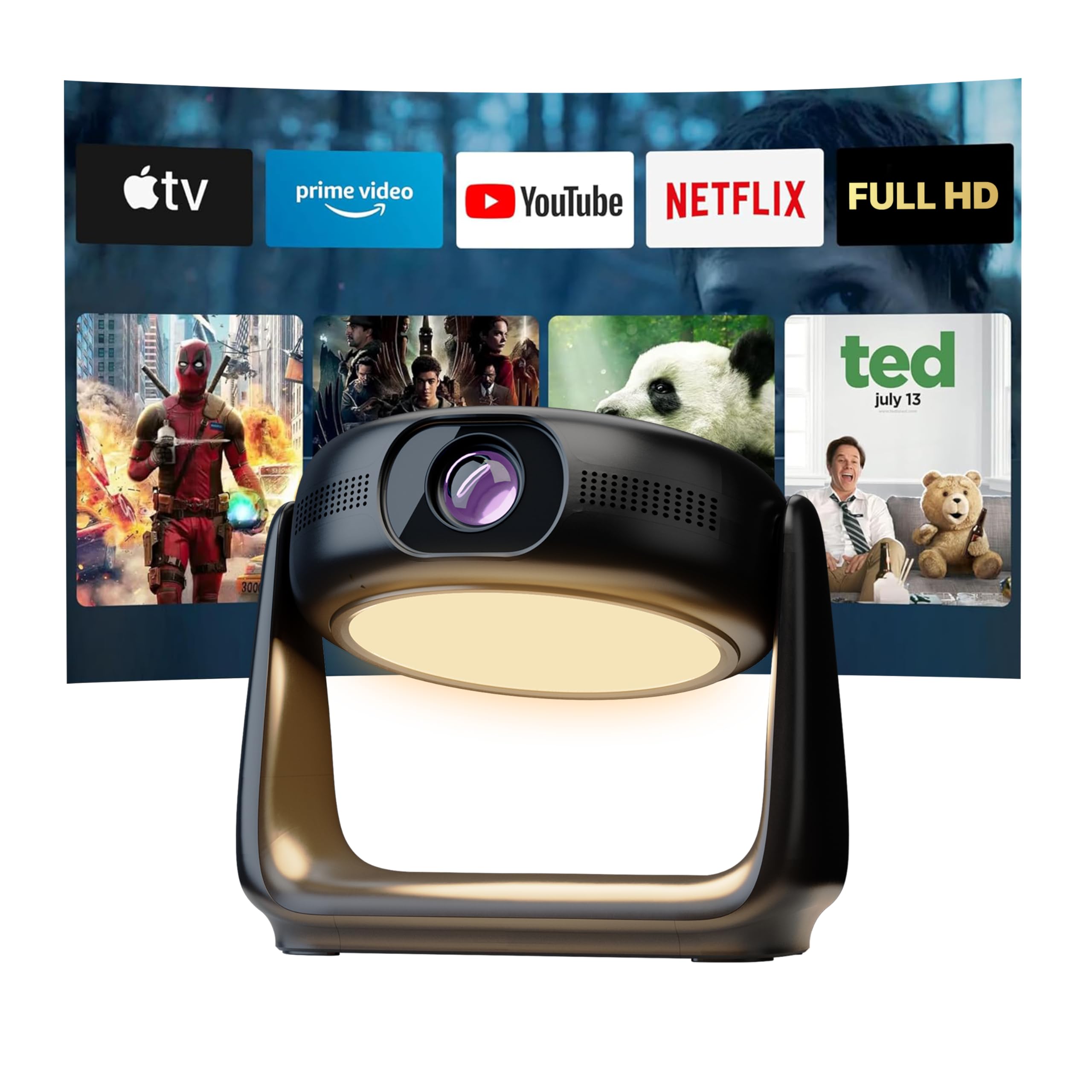 پروژکتور بلوتوث کوچک Powerology 30 اینچ - 150 اینچ، پشتیبانی از رزولوشن تمام HD 1080P، پروژکتور هوشمند و قابل حمل با 300 لومن ANSI، مناسب برای تماشای فیلم در فضای باز و سرپوشیده، سازگاری با سیستم عامل‌های iOS/Android/TV Stick/HDMI/PS5/US Default