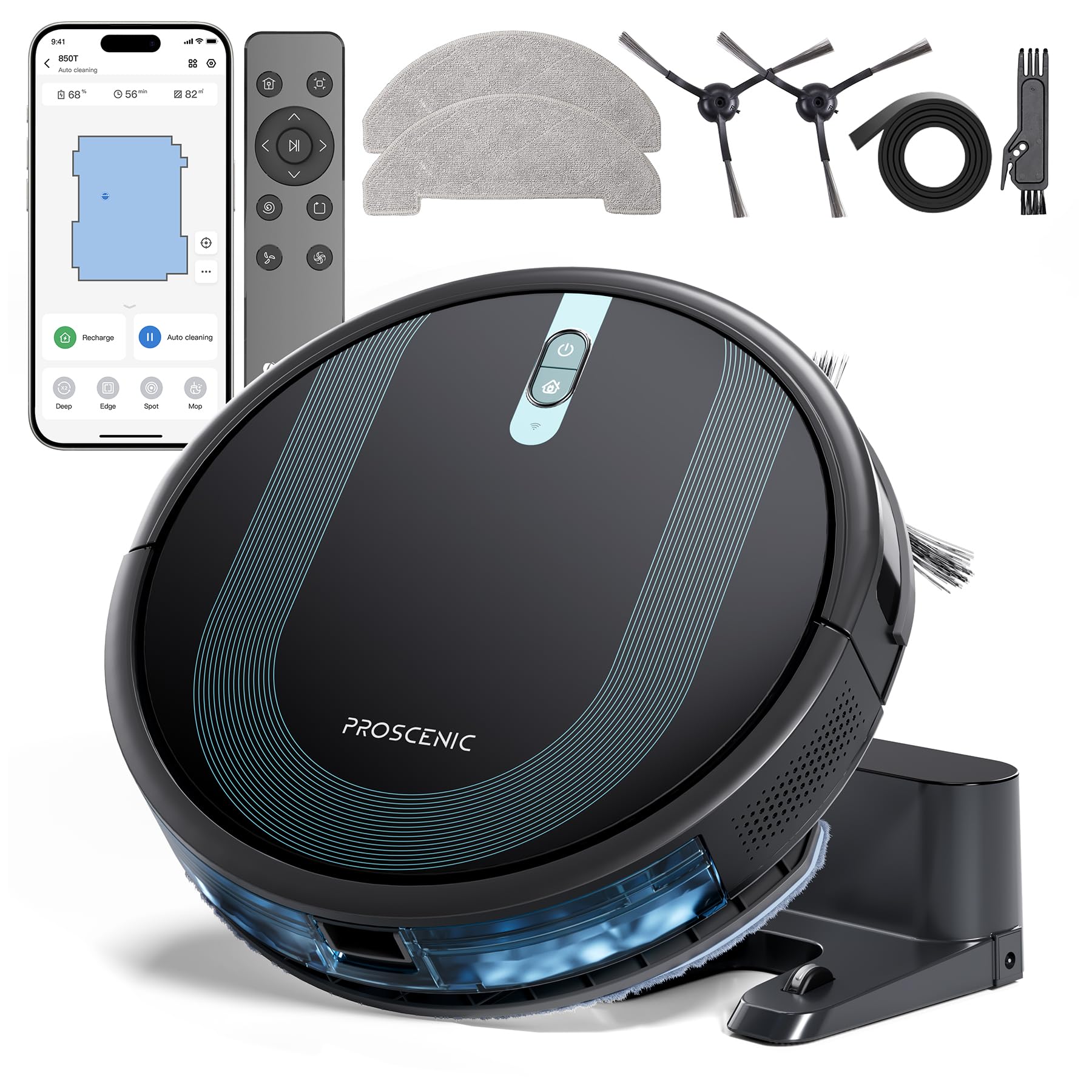 Proscenic 850T WiFi Robot Vacuum Cleaner, Alexa & Google Home & App Control, Robot Vacuum Cleaner with Wiping Function, 3000Pa Suction Power on Carpets and Hard Floors, Black + Blue Works with Alexa