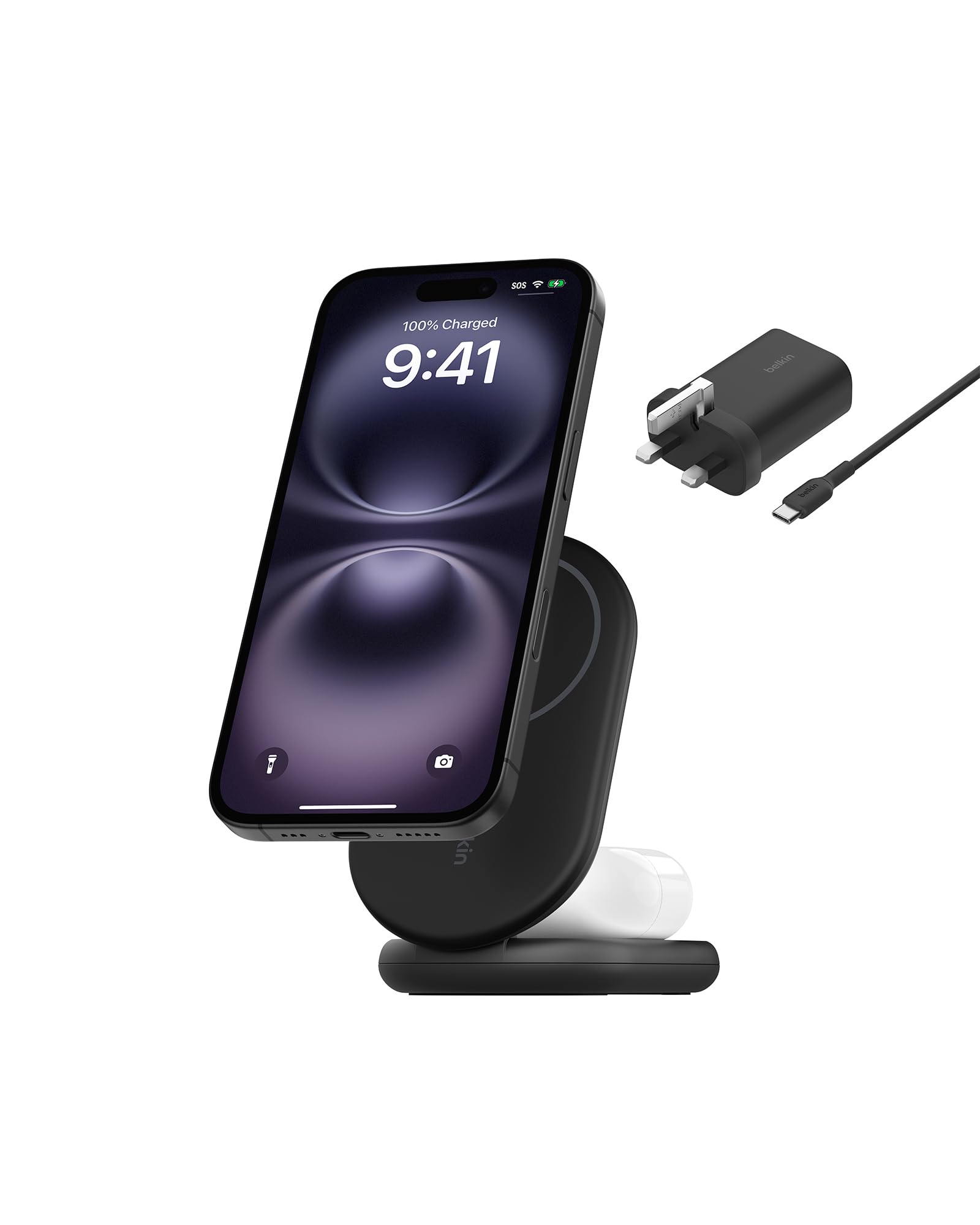 شارژر بی‌سیم قابل جابجایی Belkin Fast Charge 2-in-1 با قابلیت شارژ سریع 15 وات، سازگار با MagSafe، برای آیفون 16، 15، 14، 13، 12، ایستگاه شارژ با پایه ضد لغزش، همراه با منبع تغذیه - رنگ مشکی Qi2 نسخه 2 در 1