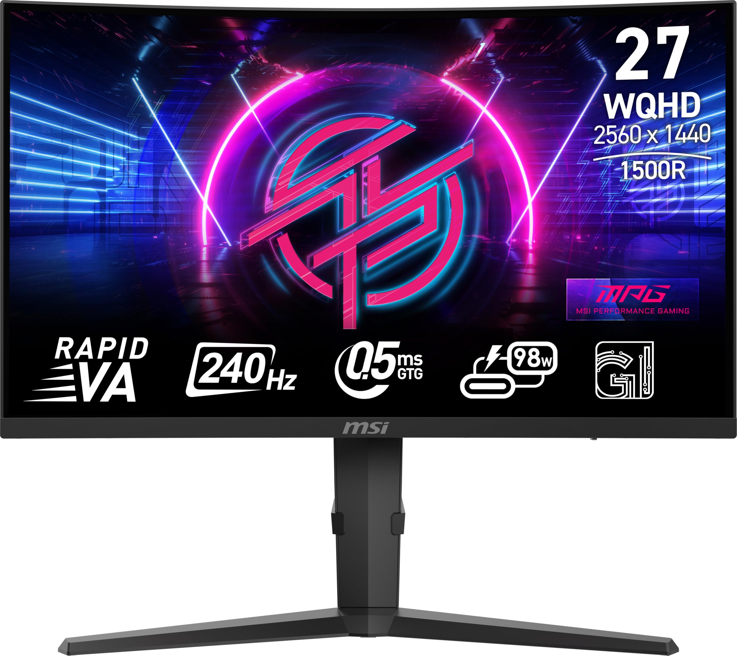 MSI MPG 275CQRXF 27 اینچ 2560 × 1440 (QHD) مانیتور کامپیوتر، 240Hz، Adaptive-Sync، آماده HDR، پورت HDMI، پورت VGA، پورت نمایش، قابل نصب بر روی VESA، چرخش، بلندگو، 0.5ms، سیاه