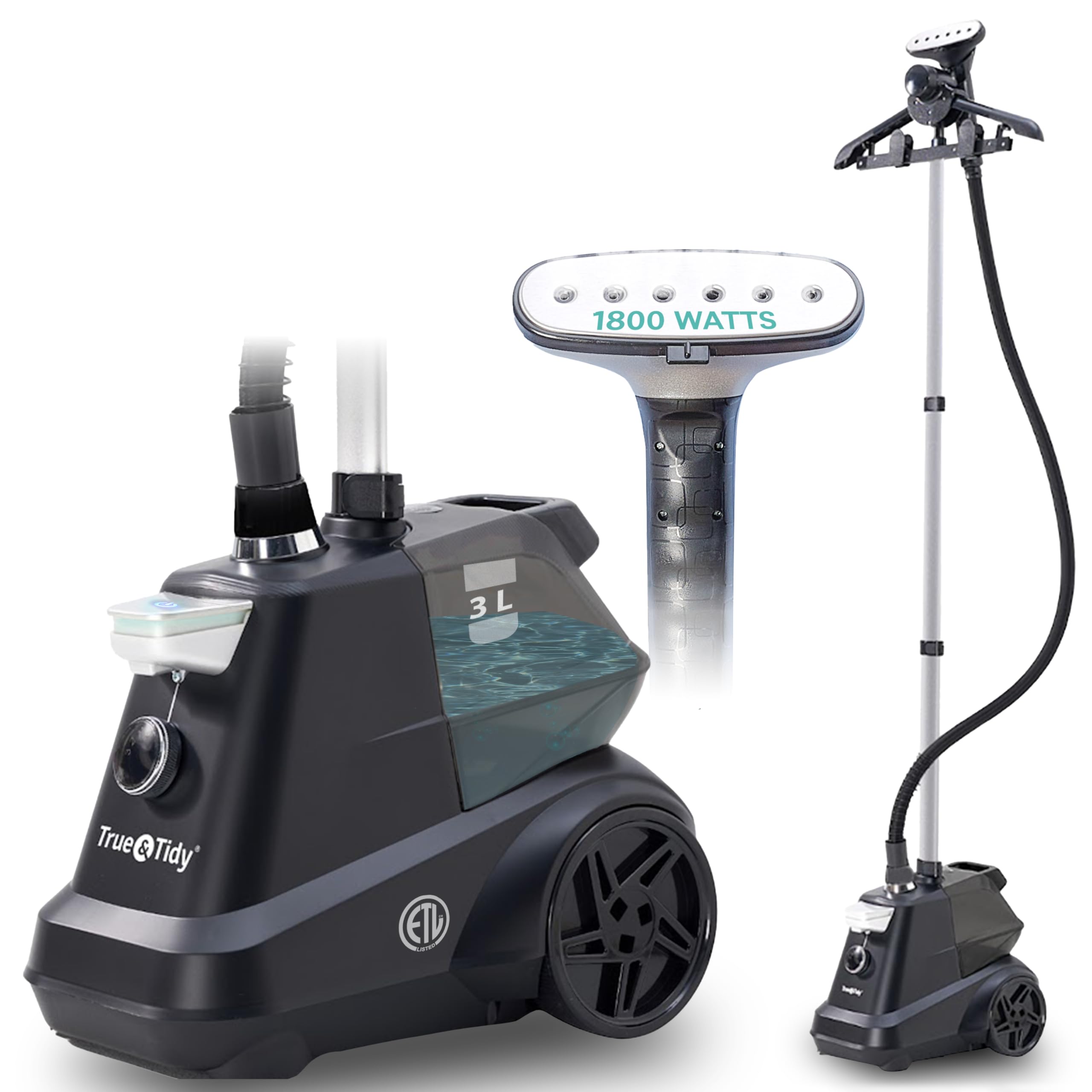 True & Tidy® - اتو بخار صنعتی ایستاده، 1800 وات، مخزن آب 3 لیتری XL، بخار 90 دقیقه و 3 تنظیم بخار، کنترل روشن / خاموش و چرخ‌ها برای استفاده آسان اتو بخار تجاری دولبهافسار／مات