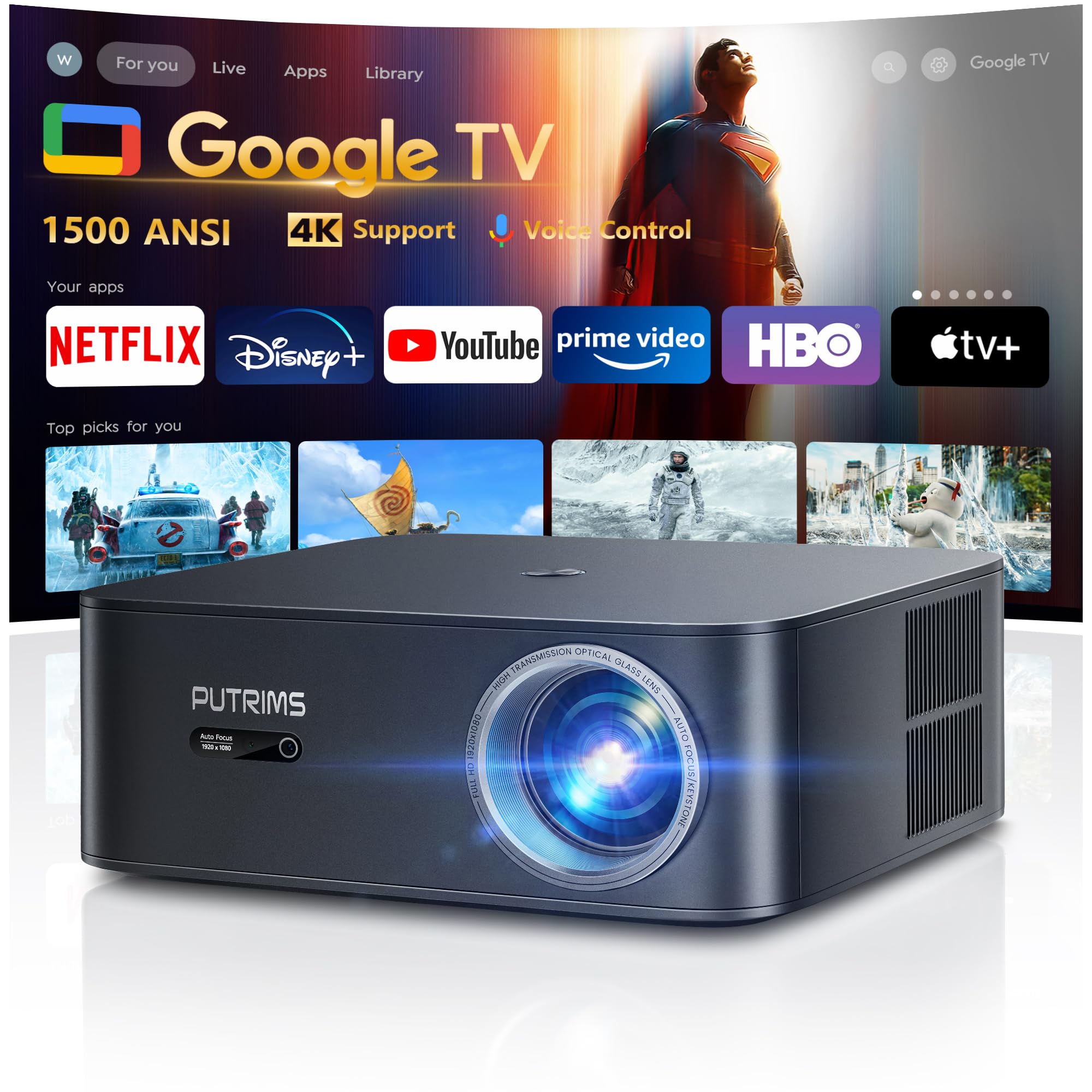 پروژکتور هوشمند PUTRIMS [1000 ANSI/Google TV] با WiFi 6 و بلوتوث، پشتیبانی از Netflix با کیفیت 4K، پروژکتور فیلم رویایی خارجی، پروژکتور فوکوس اتوماتیک سقف