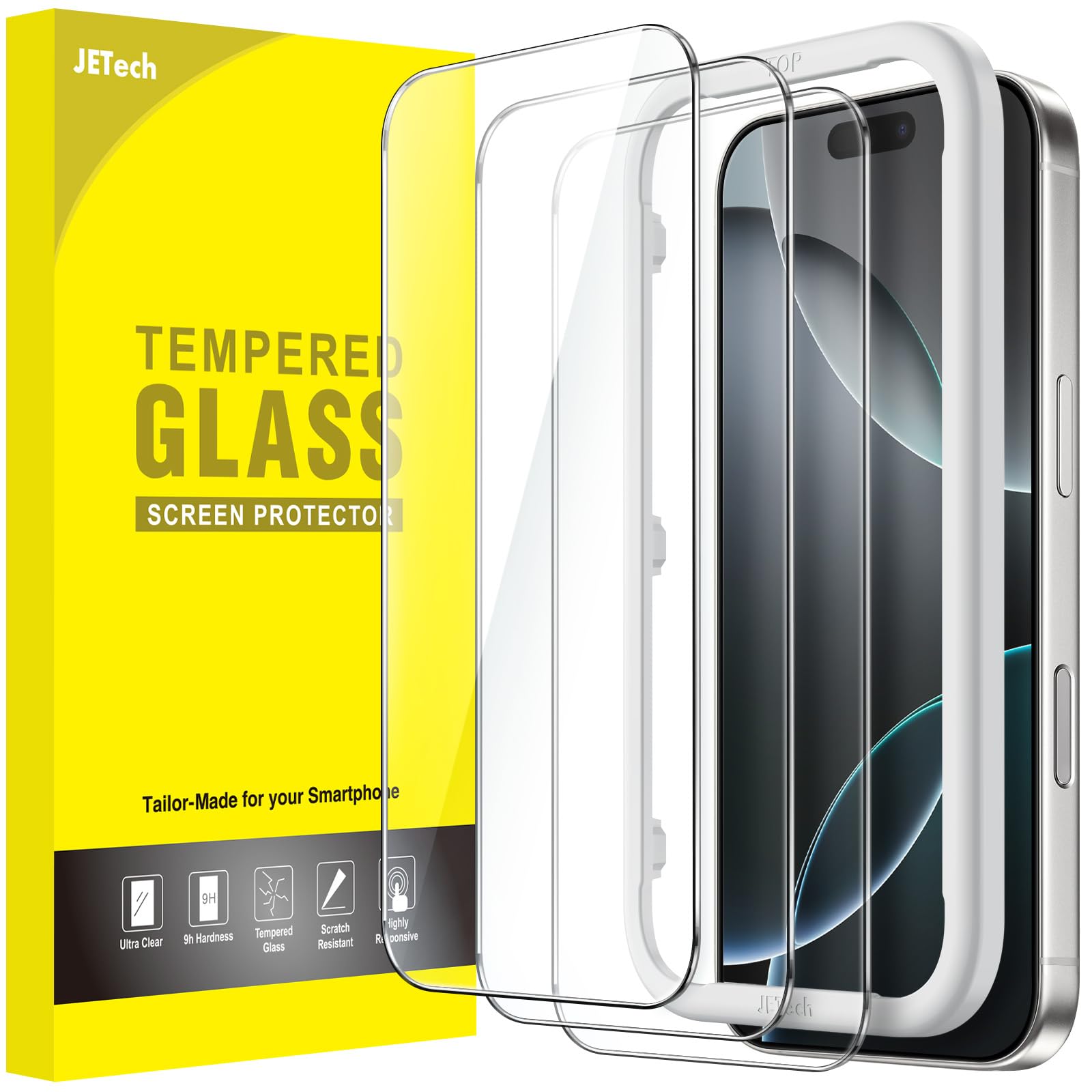 محافظ صفحه نمایش JETech برای iPhone 16 Pro 6.3 اینچ، فیلم شیشه ای با ابزار نصب آسان، سازگار با کیس، روشن و واضح، بسته 3 عدد