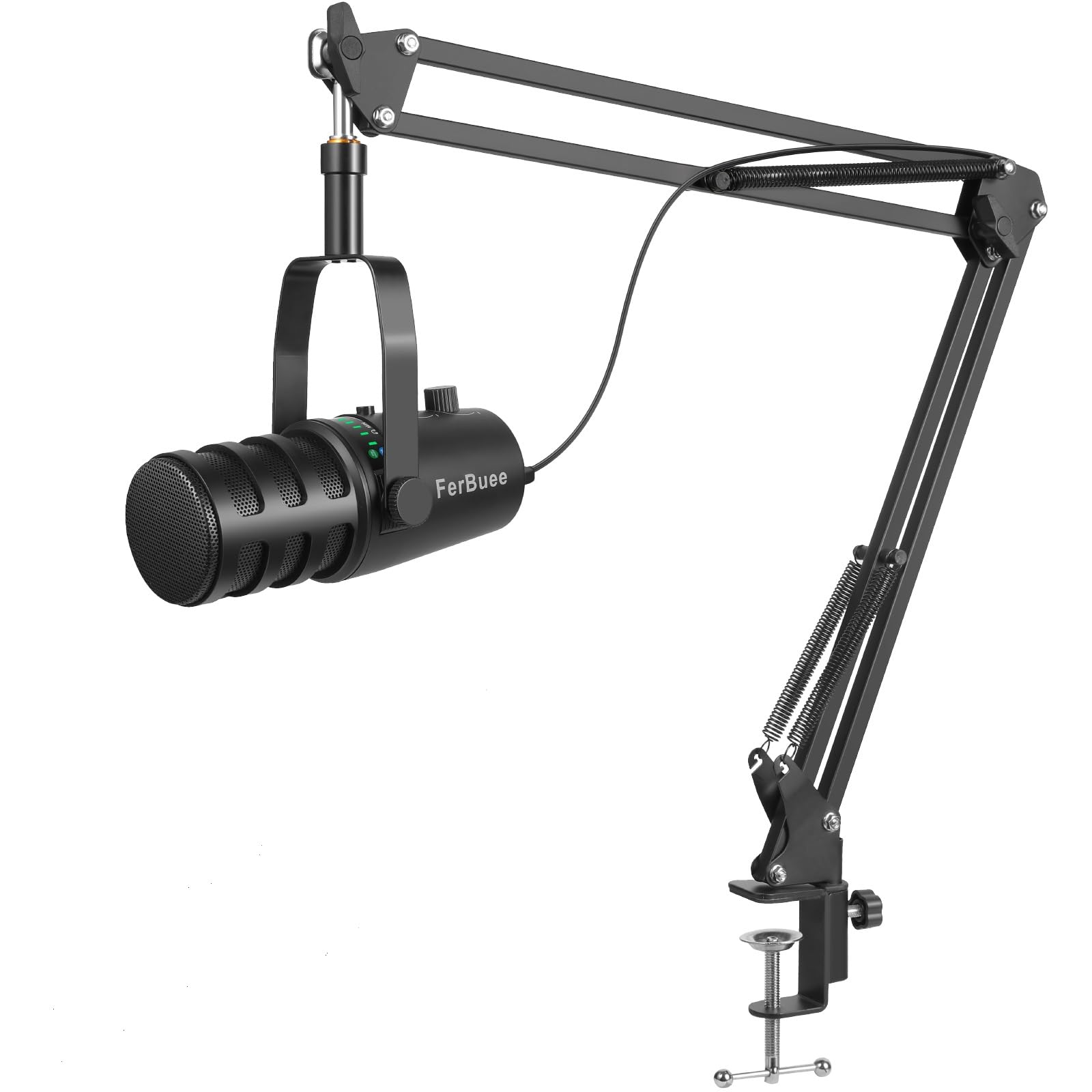 میکروفون داینامیک FerBuee XLR/USB برای ضبط صدای وکال، بازی، با جک هدفون 3.5 میلیمتری، صدای اکو، کنترل حجم، دکمه سکوت. میکروفون کاردیوید برای میکسر/کامپیوتر شخصی/مک/پلی‌استیشن ۴/پلی‌استیشن ۵ (WS805 با آرم استند بوم) WS801