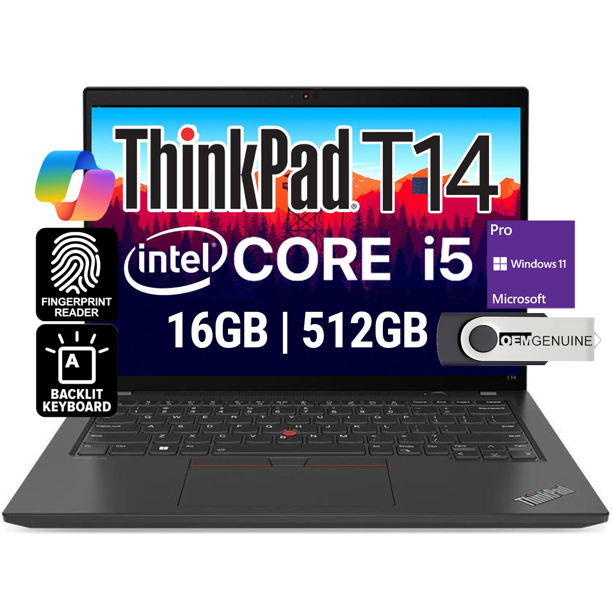 لپ تاپ تجاری Lenovo ThinkPad T14 (صفحه نمایش 14 اینچی FHD+ IPS، Intel 10 Core i5-1335U، 16GB RAM، 512GB SSD) Webcam 5MP، 2 پورت Thunderbolt 4، 2024 AI PC، ویندوز 11 Pro با فلش USB