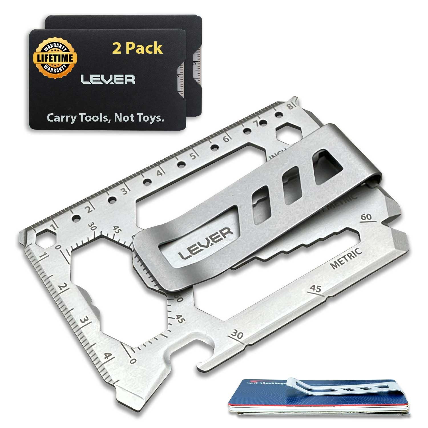 ابزار تک کاره Lever Gear Toolcard Pro با کلیپ پول - کارت چند منظوره 40 در 1 - کارت چند منظوره اعتباری - کارت کیف پول استیل ضد زنگ شیک و حداقلی و کلیپ پول (۲، نقره ای) ۲ نقره ای