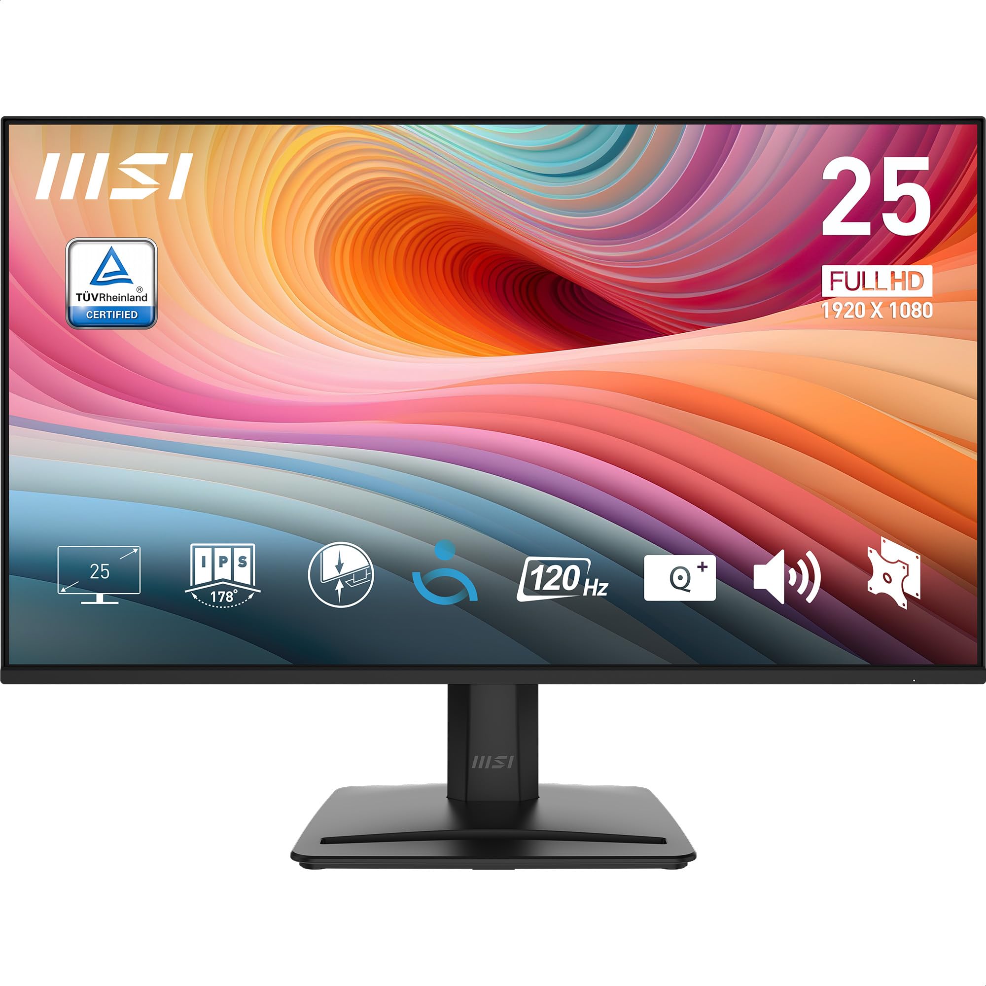 مانیتور MSI PRO MP251 E2 24.5 اینچی IPS با رزولوشن 1920 x 1080 (FHD) برای بازی و اداره، دارای نرخ تازه‌سازی 120Hz، Adaptive-Sync، آماده HDR، پورت HDMI، پورت VGA، پورت Display Port، قابل نصب بر روی VESA، قابل تنظیم از لحاظ زاویه، دارای اسپیکر، زمان پاسخگویی 1 میلی‌ثانیه، رنگ مشکی مدل PRO MP251 E2 (مدل جدید)