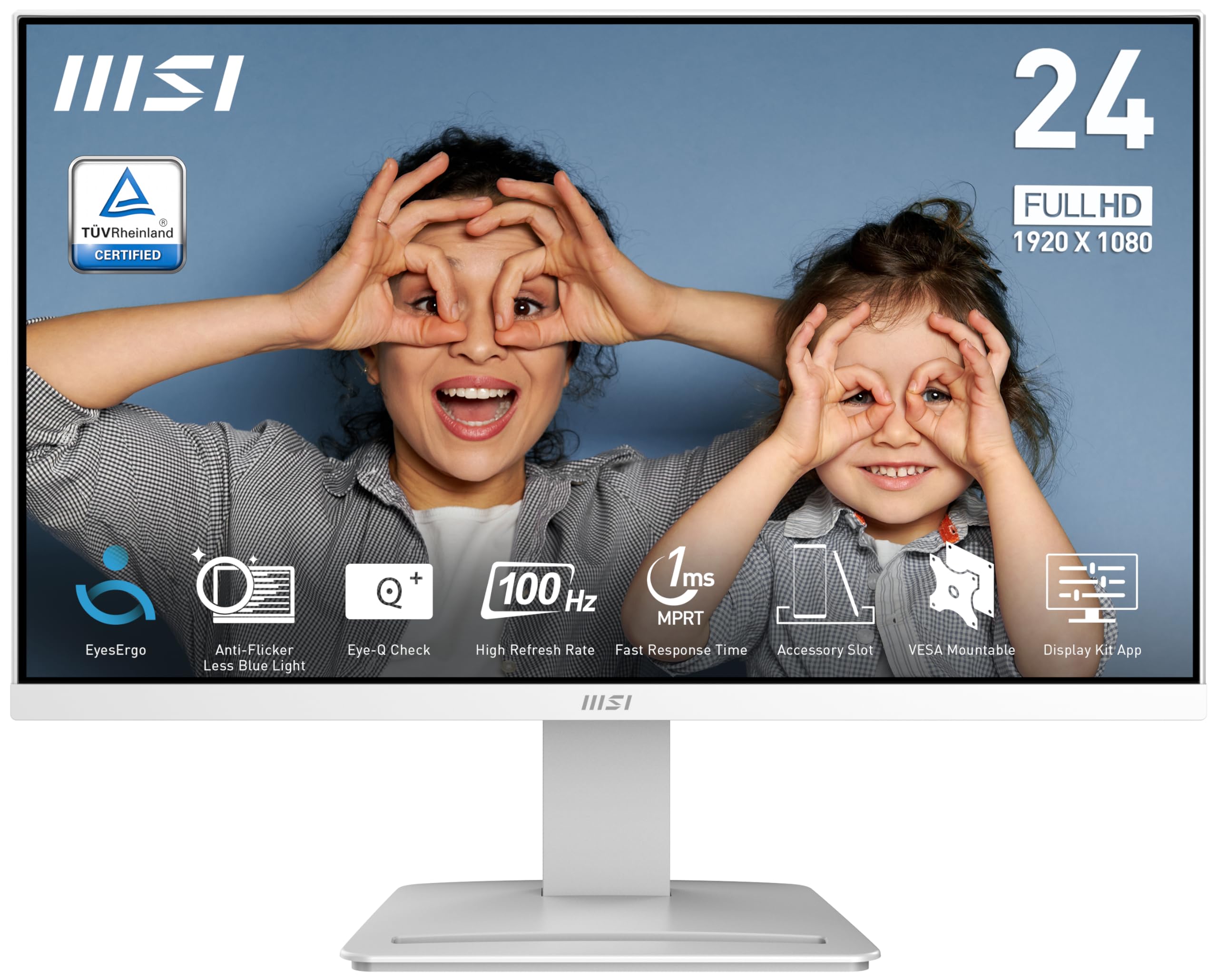 مانیتور کامپیوتر MSI Pro MP2412W 24 اینچ VA 1920 × 1080 (FHD)، 100Hz، Free-Synch، HDMI، DisplayPort، قابل نصب بر روی VESA، تیلت، 1ms، سفید