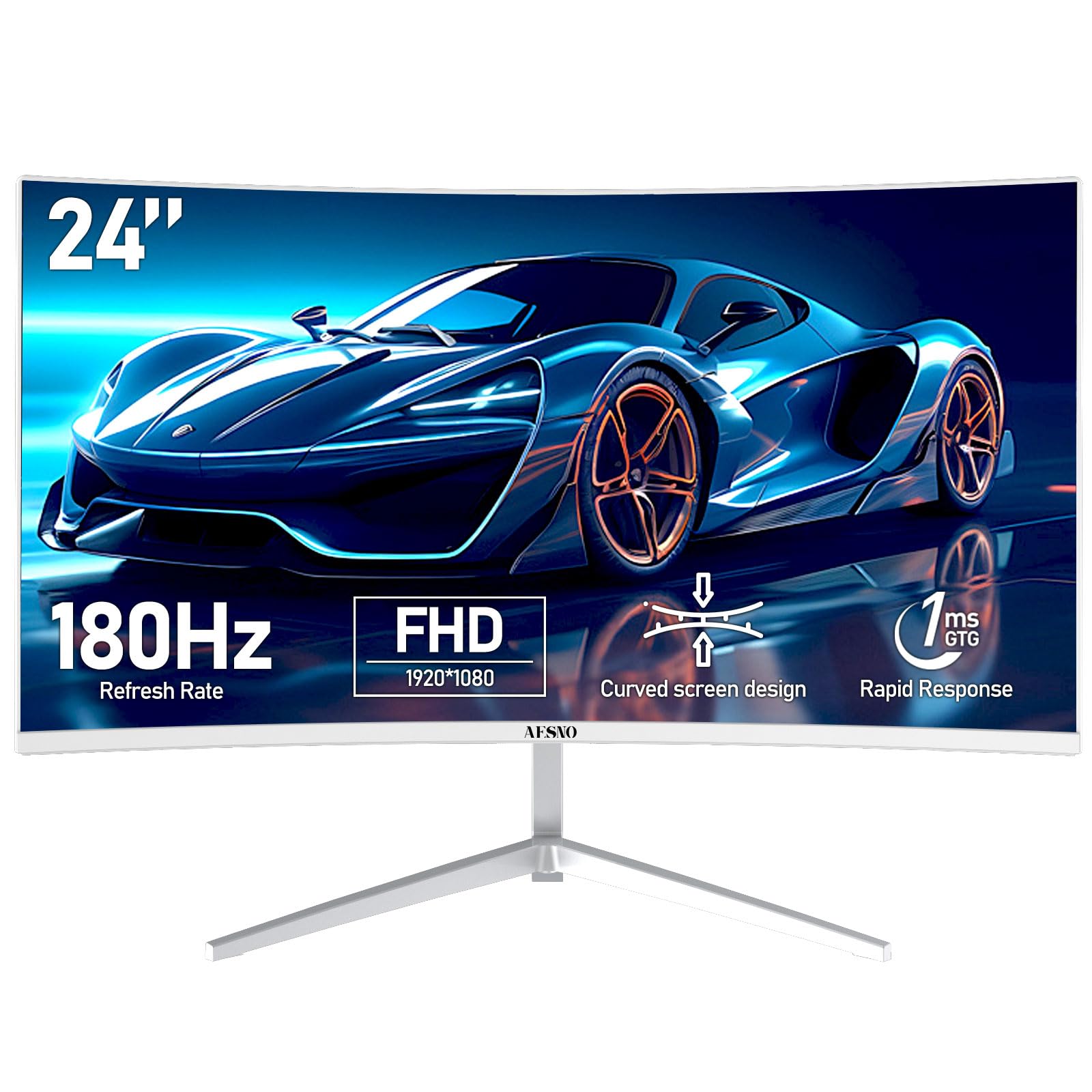 مانیتور بازی 24 اینچی AESNO با نرخ تازه\u200Cسازی 180Hz/144Hz/165Hz صفحه منحنی FHD 1920x1080 با فری‌سینک 98% sRGB برای مانیتورهای کامپیوتر با کابل HDMI DP