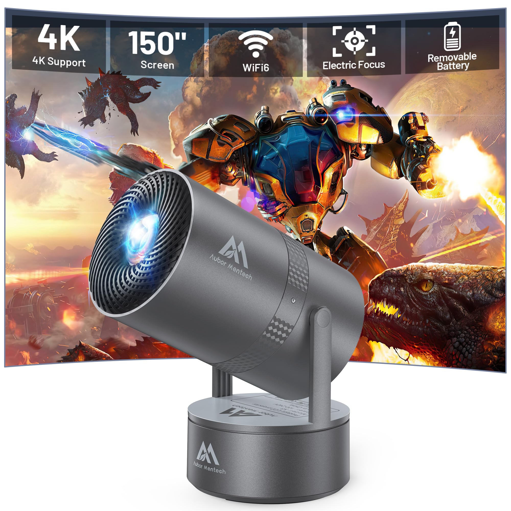 پروژکتور Mini با باتری داخلی، با وای فای و بلوتوث، پشتیبانی از 4K 1080P و قابلیت چرخش ۲۷۰ درجه، صفحه ۱۵۰ اینچی، خودکار کی‌استون، قابل حمل برای استفاده در خانه و فضای باز برای گوشی/تلویزیون/لپ‌تاپ/ HDMI، رنگ آهنی خاکستری
