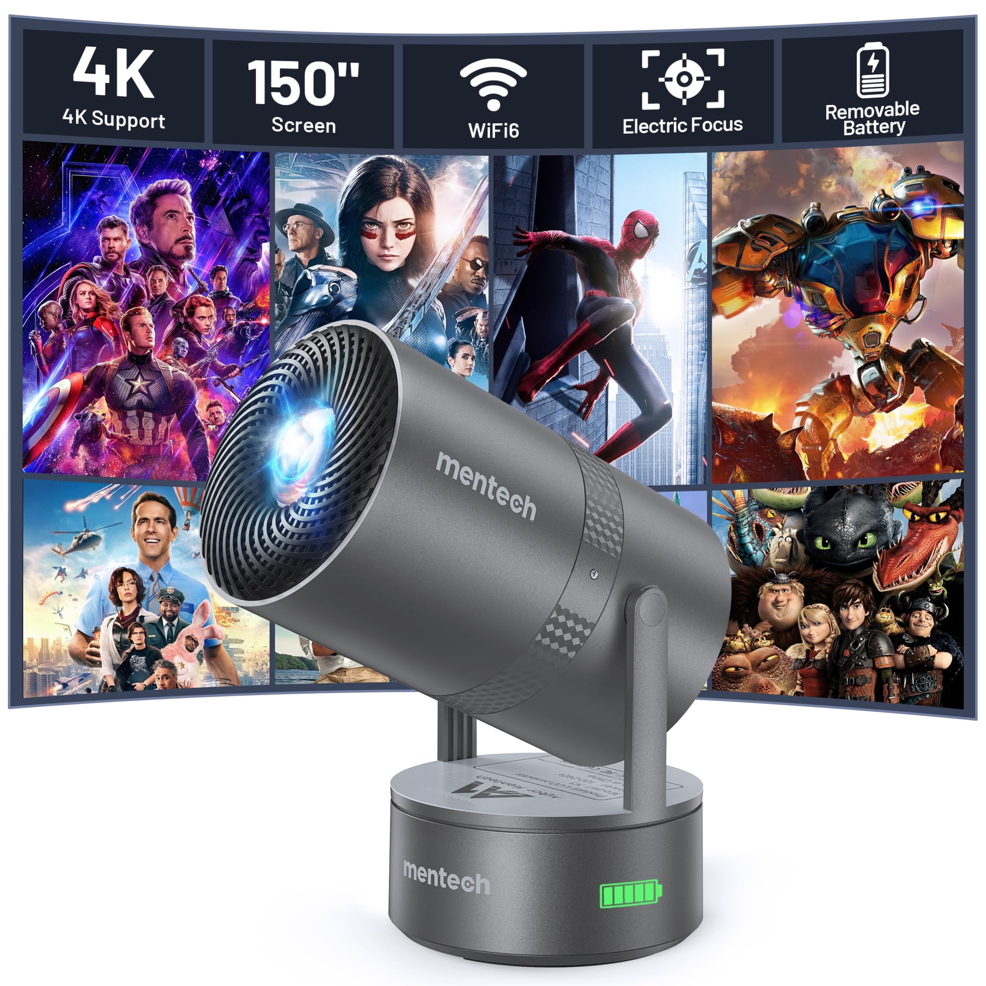 پروژکتور Mini با ازباتری داخلی، وای فای و بلوتوث، پشتیبانی از ریزنمایی 4K 1080P، صفحه نمایش 150 اینچ قابل چرخش 270 درجه، پروژکتور Keystone هوشمند برای استفاده در داخل و فضای باز