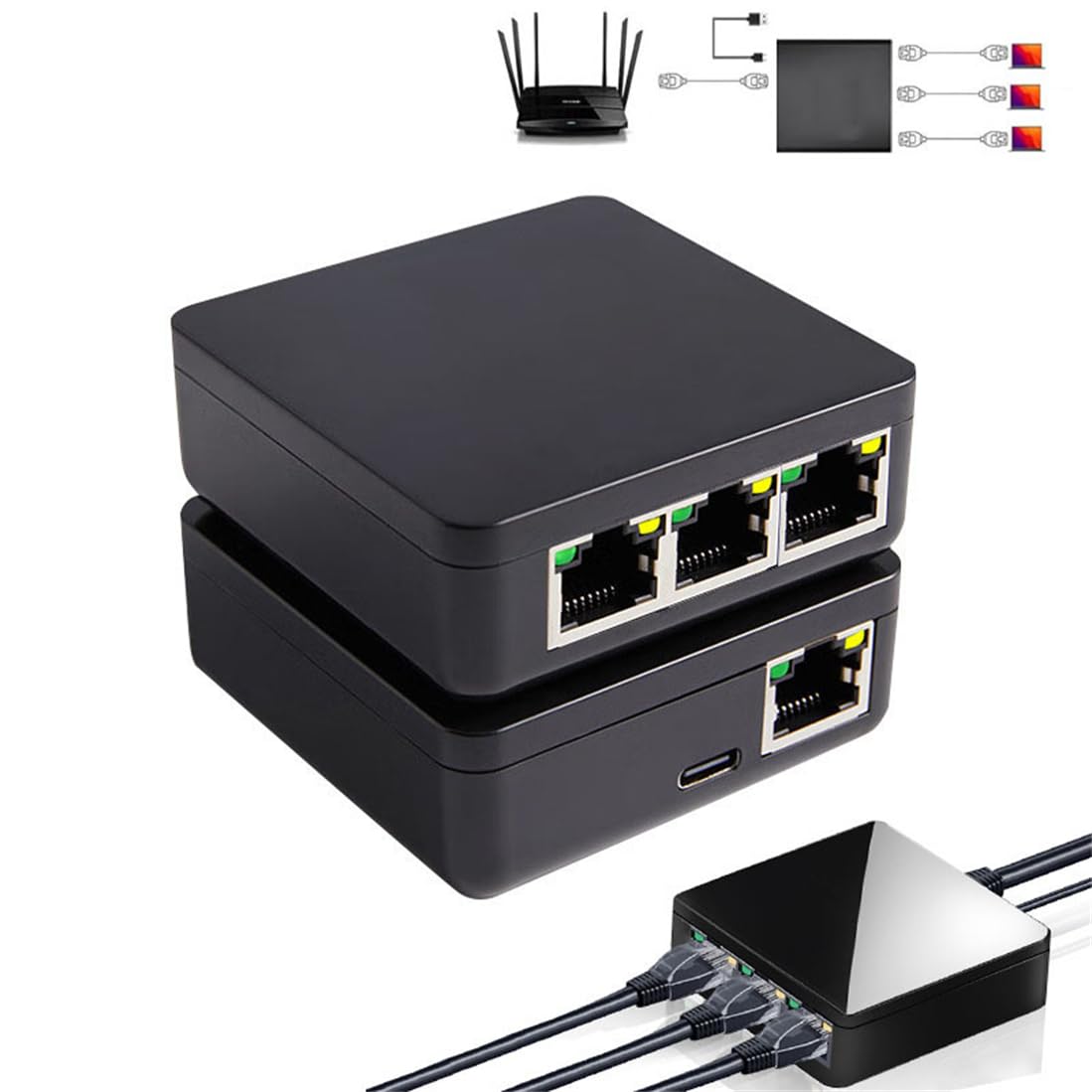 تقسیم‌کننده شبکه 1000 مگابیت بر ثانیه با کابل برق USB، تقسیم‌کننده اترنت RJ45 1 به 3 با سرعت بالا گیگابیت برای اینترنت LAN کت 5/5e/6/7/8، پشتیبانی از همزمان کار کردن سه دستگاه