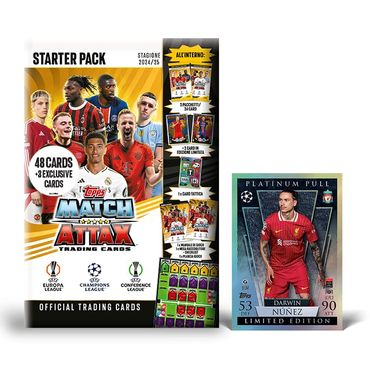 بالاترین کارت های مسابقه Topps Match Attax 24/25 - نمونه انحصاری بسته شروع از آمازون! 48 کارت Match Attax شامل یک کارت Platinum Pull LE تضمینی و بیشتر! مجموعه خود را اکنون راه اندازی کنید!