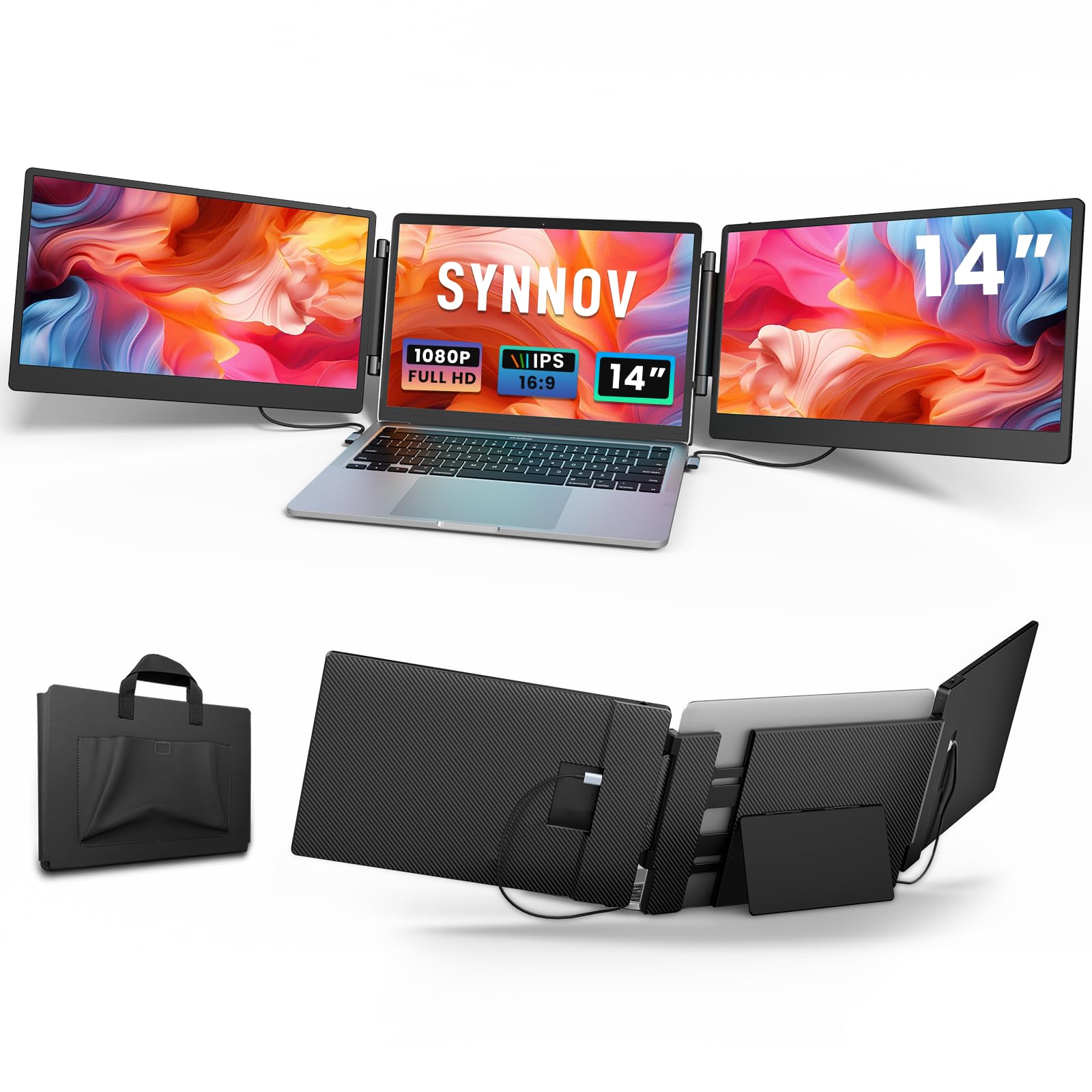 نمایشگر گسترده لپ تاپ، 14" FHD 1080P، سه‌گانه، قابل حمل برای لپ تاپ‌های 13-16.5" با ایستگاه نگه‌دارنده و بلندگوهای داخلی، گسترنده مانیتور لپ تاپ برای سیستم‌های عامل MacOS/Wins/Chrome/Dex با نام تجاری Tri-14"