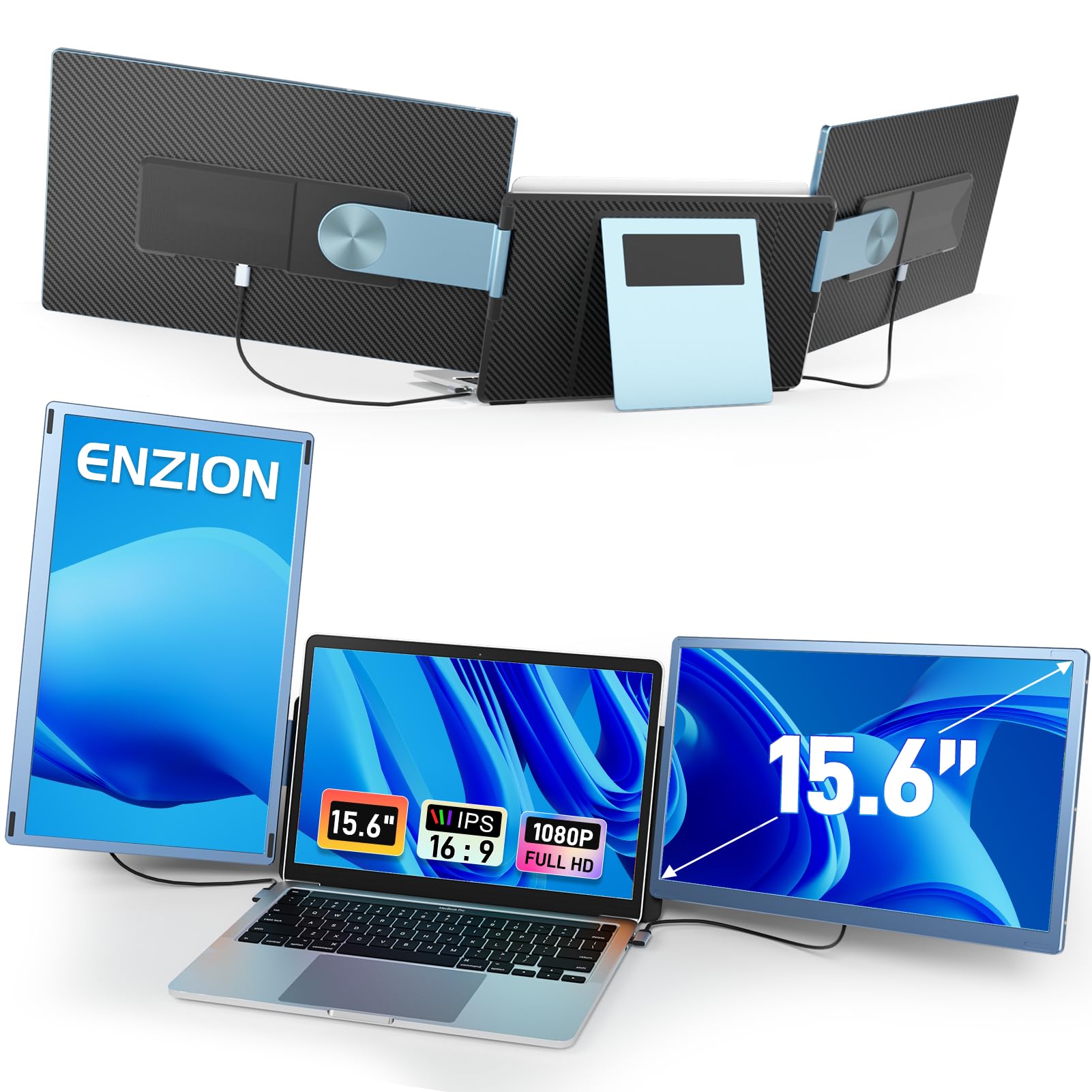 مانیتور قابل حمل FHD 1080P وسیع برای لپ تاپ، بلندگوی داخلی و پایه قابل تنظیم، افزایش دهنده صفحه نمایش سه گانه قابل استفاده با ویندوز/مک او اس/کروم به اندازه 15.6 اینچ رنگ آبی