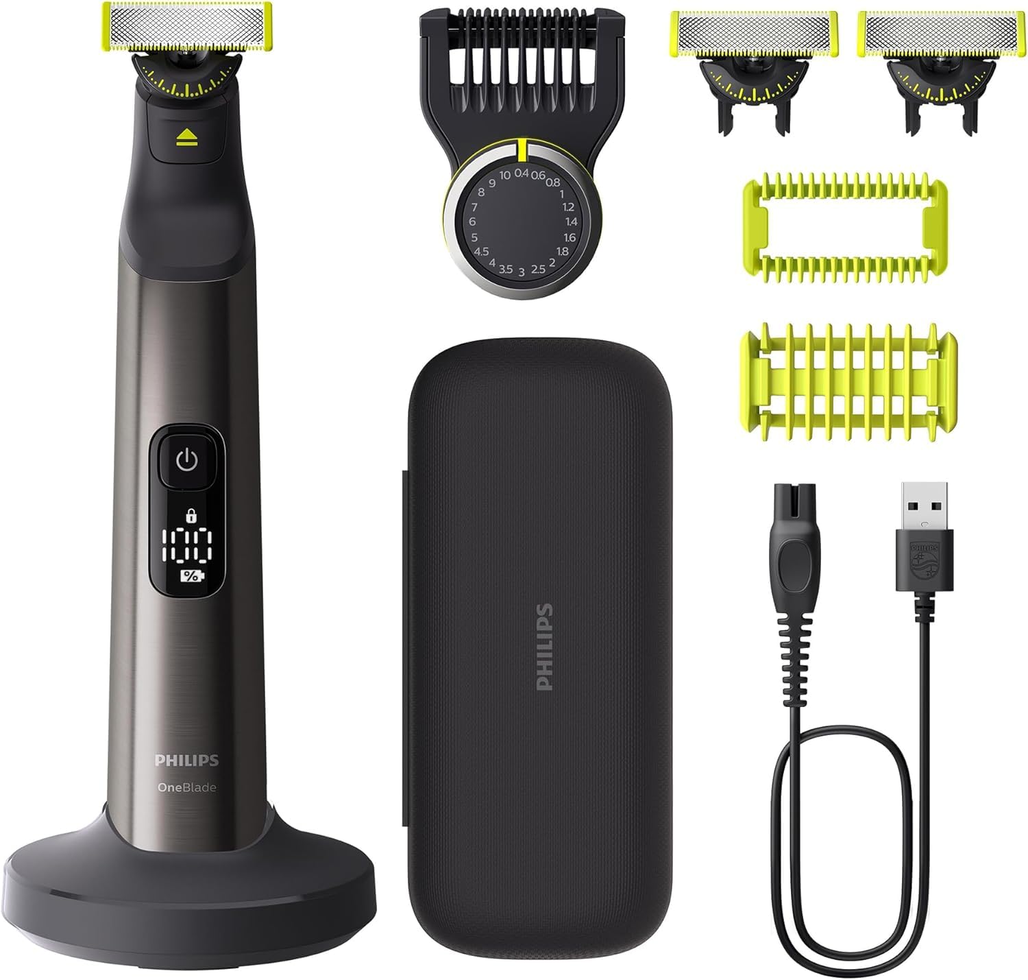 فیلیپس وان بلید پرو 360 تریمر صورت و بدن الکتریکی، تراش مو، و بادی گرومر، 3X تیغه 360، 1x شانه 20 طول، 1x کیت بدن، 1x ایستگاه شارژ، 1x کیس سفر، شامل 3 x تیغه 360، کیت بدن و کیس سفر