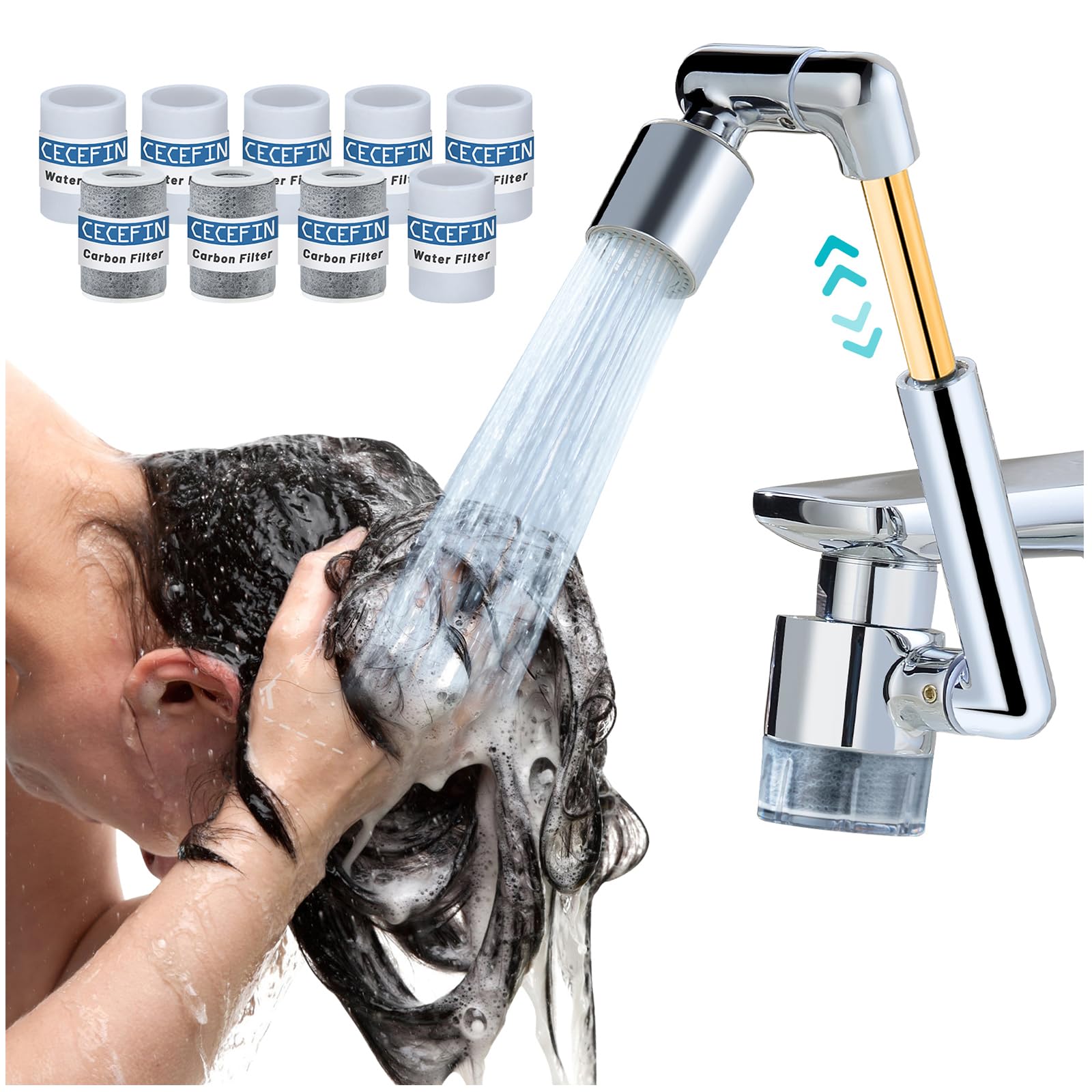 CECEFIN 1440ºSink-Water-Filter Faucet-Extender 3.0 Telescopic - Carbon Purifier Reduce 99% Chlorine, NSF Certified Bathroom Kitchen Aerator, Swivel Long Arm Extension for Toddlers, Hard Water Softener