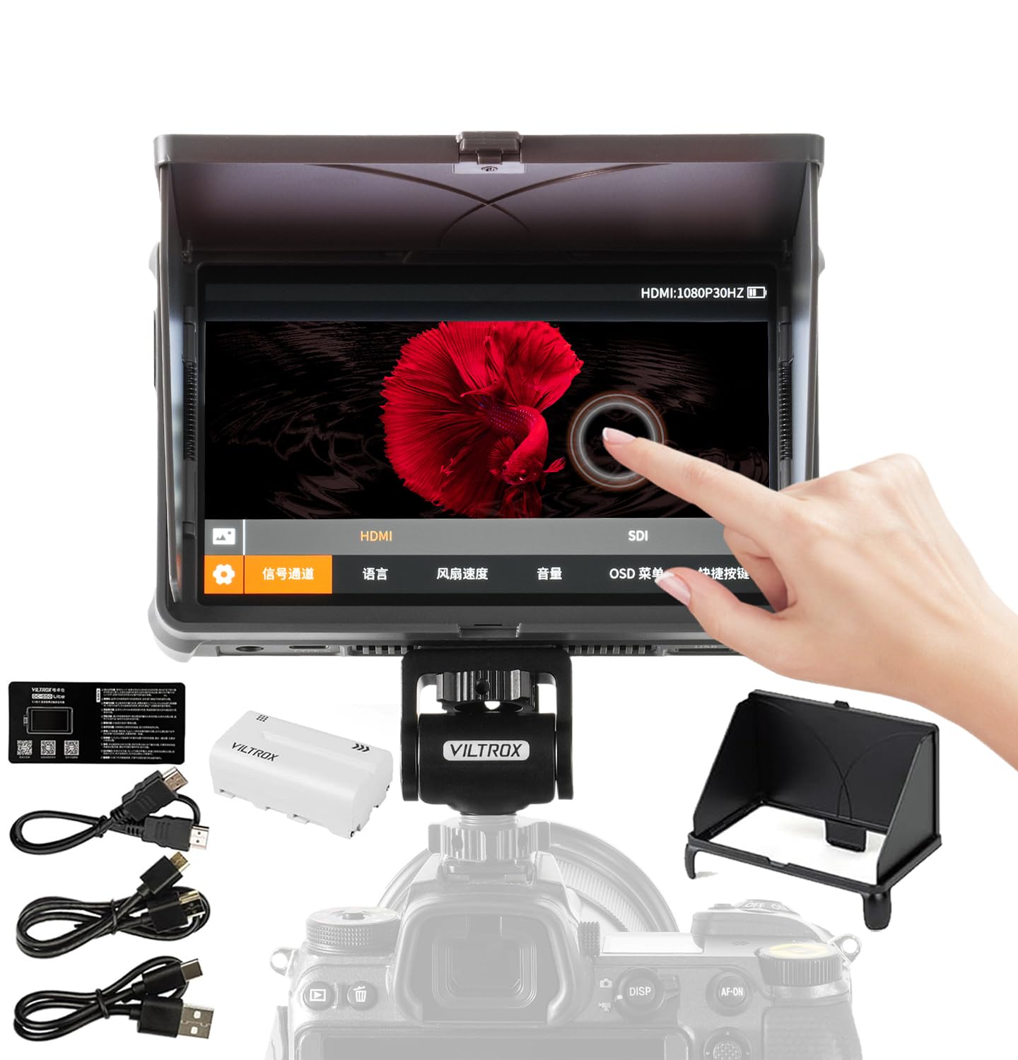 ویدیوی با کیفیت بالا VILTROX DC-X2 2000Nit با سایز 6 اینچ، و برد 4K HDMI، صفحه نمایش لمسی 1920x1080 IPS، مناسب برای دوربین‌های دیجیتال DSLR همراه با سایه‌بان هود / باتری 3D LUT، با زاویه دید 160 درجه‌ی فوق شفاف