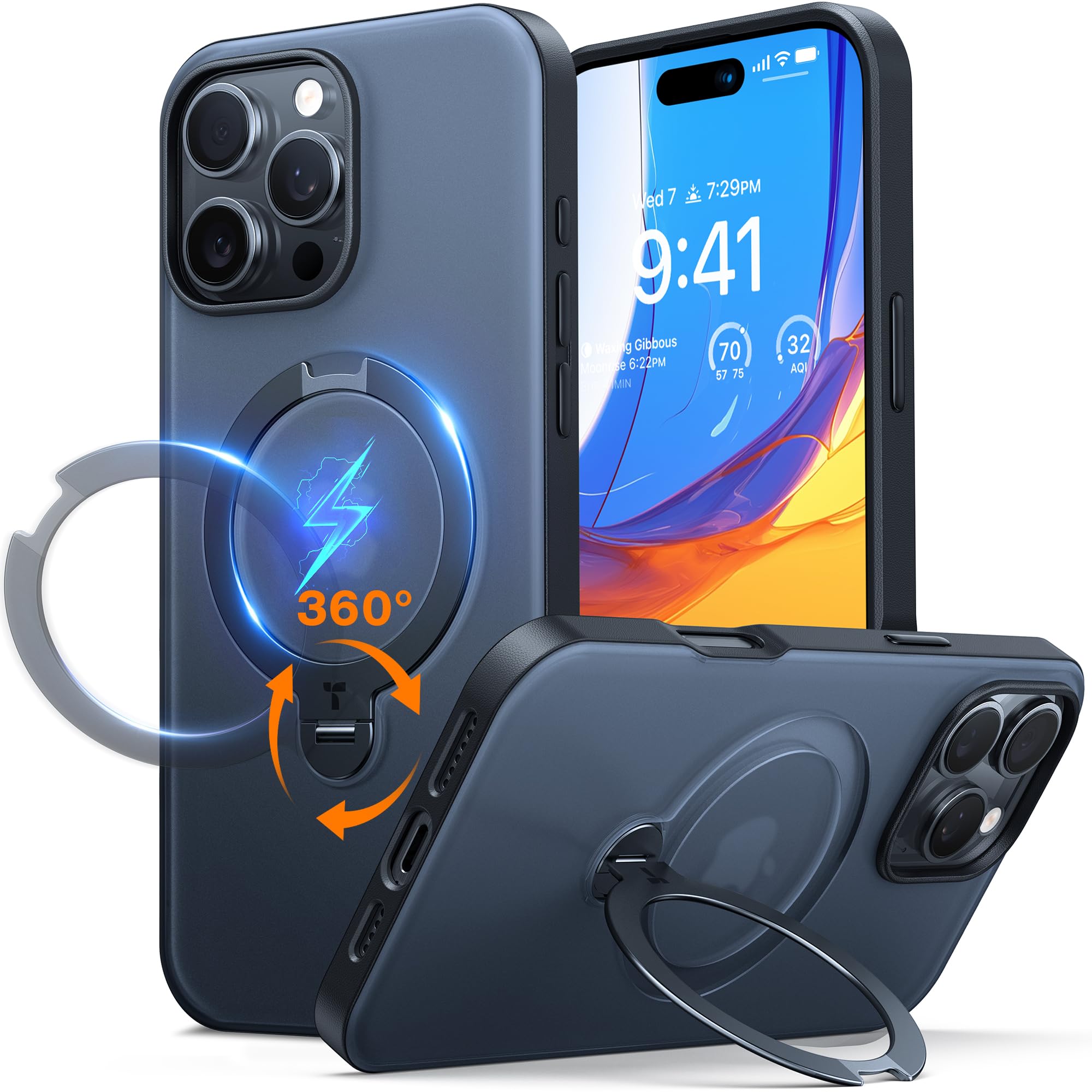 پایه مغناطیسی 360 درجه ارتقا یافته TORRAS برای محافظ iPhone 16 Pro Max، [دارای پشتیبان قابل چرخش و حلقه نگهدارنده][قابل استفاده با MagSafe][ضدضربه درجه نظامی] پشتی شفاف، مشکی iPhone 16 Pro Max مشکی