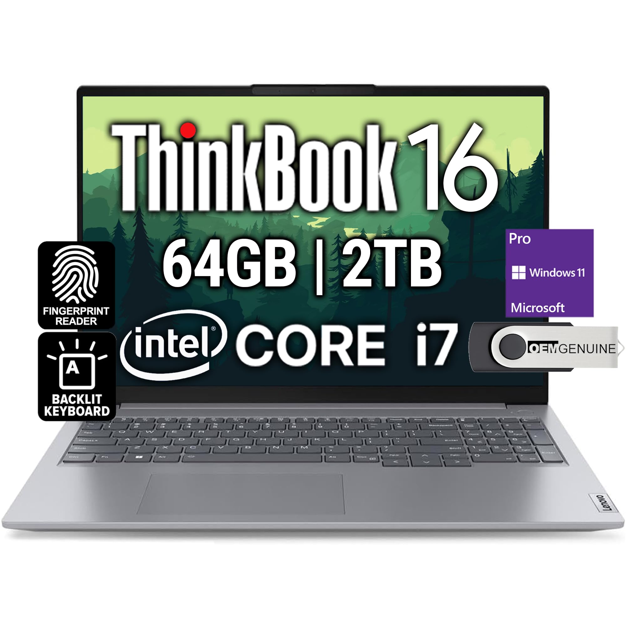 لپ‌تاپ تجاری لنوو ThinkBook 16 G6، 16 اینچ FHD+، اینتل 10 هسته i7-1355U، 64 گیگابایت DDR5، 2 ترابایت NVMe، WiFi 6 + BT، صفحه کلید بک لیت، اثر انگشت، وبکم HD، ویندوز 11 Pro