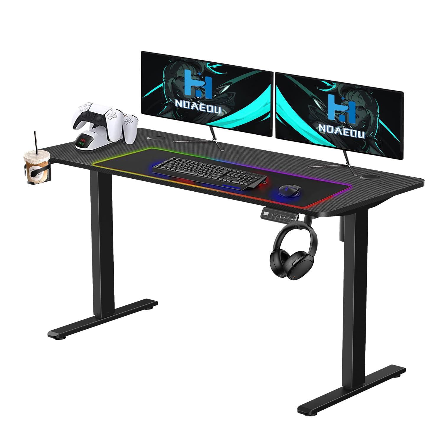 NOAEOU 140 x 60 cm Electric Height Adjustable Standing Desk Large Sit Stand Up Computer Table Workstations for Home Office (Black carbon fiber veneer)