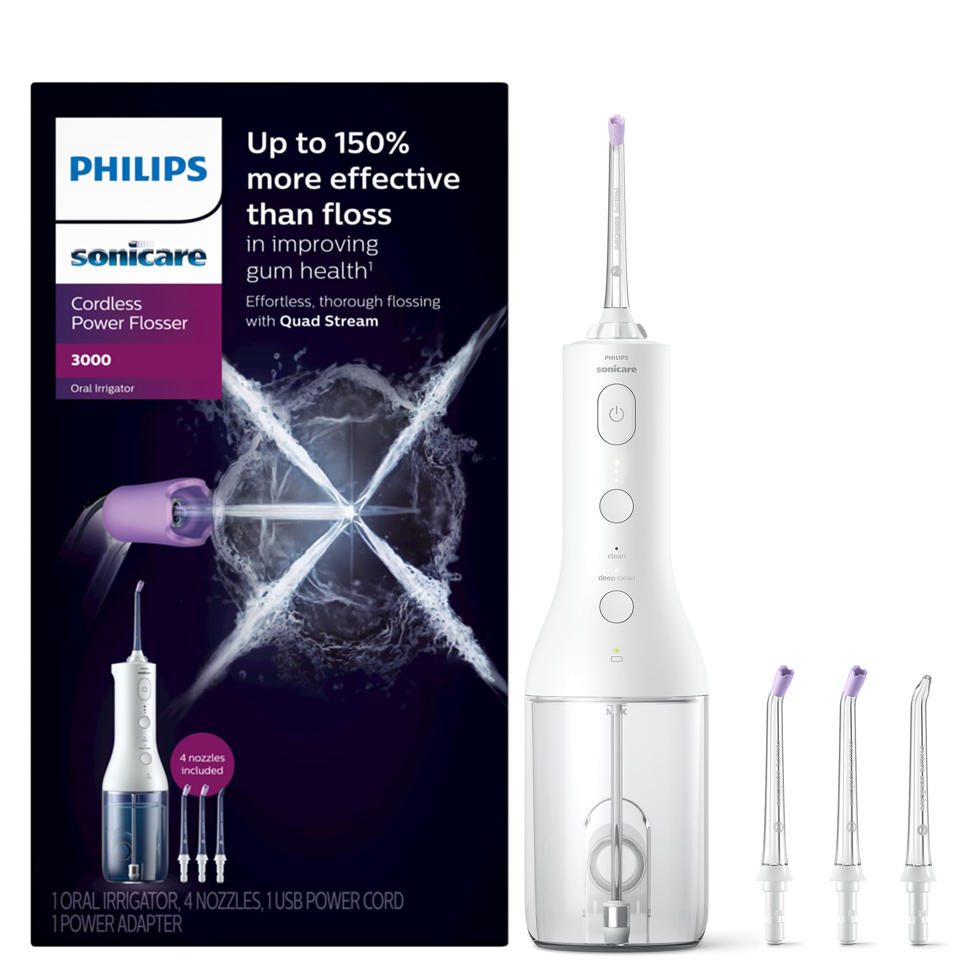 SONICARE Philips دندانپزشک برقی بی‌سیم 3000 + 2 نازل اضافی (مجموع 4 عدد) سفید، HX3827/21 1 عدد (بسته 3 عدد) سفید جدید + 4 نازل
