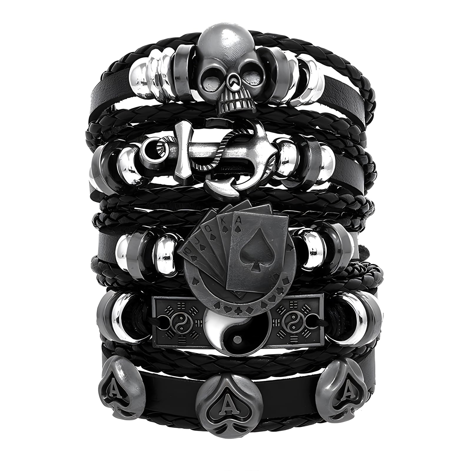 Dystud 5PCS Gothic Leather Bracelets for Men, Punk Braided Rope Skull Yin-Yang Skeleton Sail Anchor Poker Ace Black Bracelets, Adjutable Retro Wrist Bands Goth Accessory Jewelry Gift for Husband