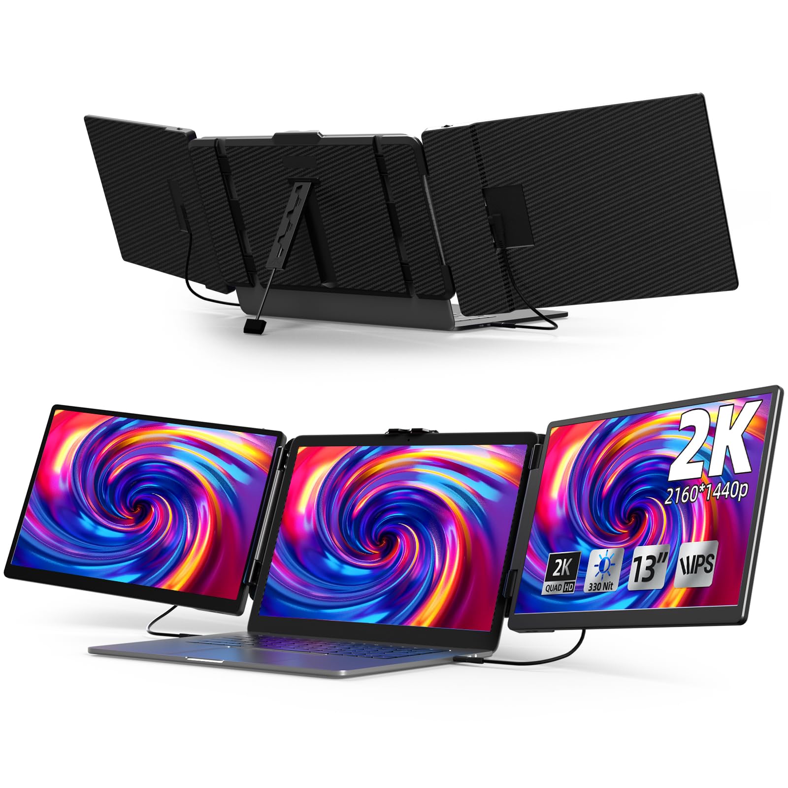 KOJOM 13" 2K IPS 1440P Triple Screen لپ تاپ مانیتور اضافه کننده، پلاگ اند پلی، پیوستن چندین صفحه برای لپ تاپ‌های 13"-17"، سازگار با ویندوز، مک، کروم، Dex S2 PRO