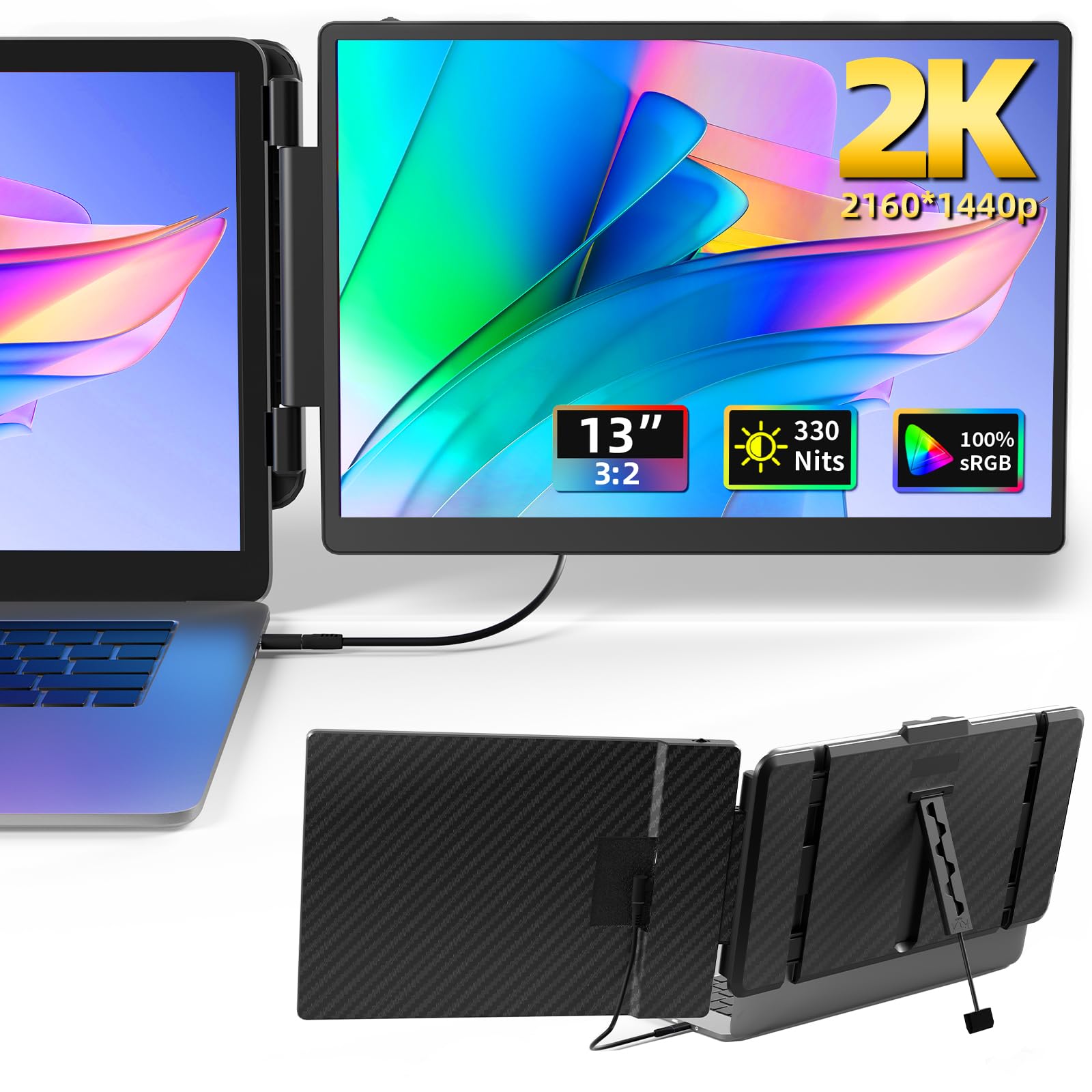 مانیتور افزایش دهنده لپ تاپ KOJOM 2K - 13 اینچ IPS 1440P پیوستن دو نمایشگر برای لپ تاپ با پشتیبانی از تعداد 13-17 اینچی ویندوز، مک، دکس، کروم و استفاده در مسافرت، بازی و کار S1 PRO