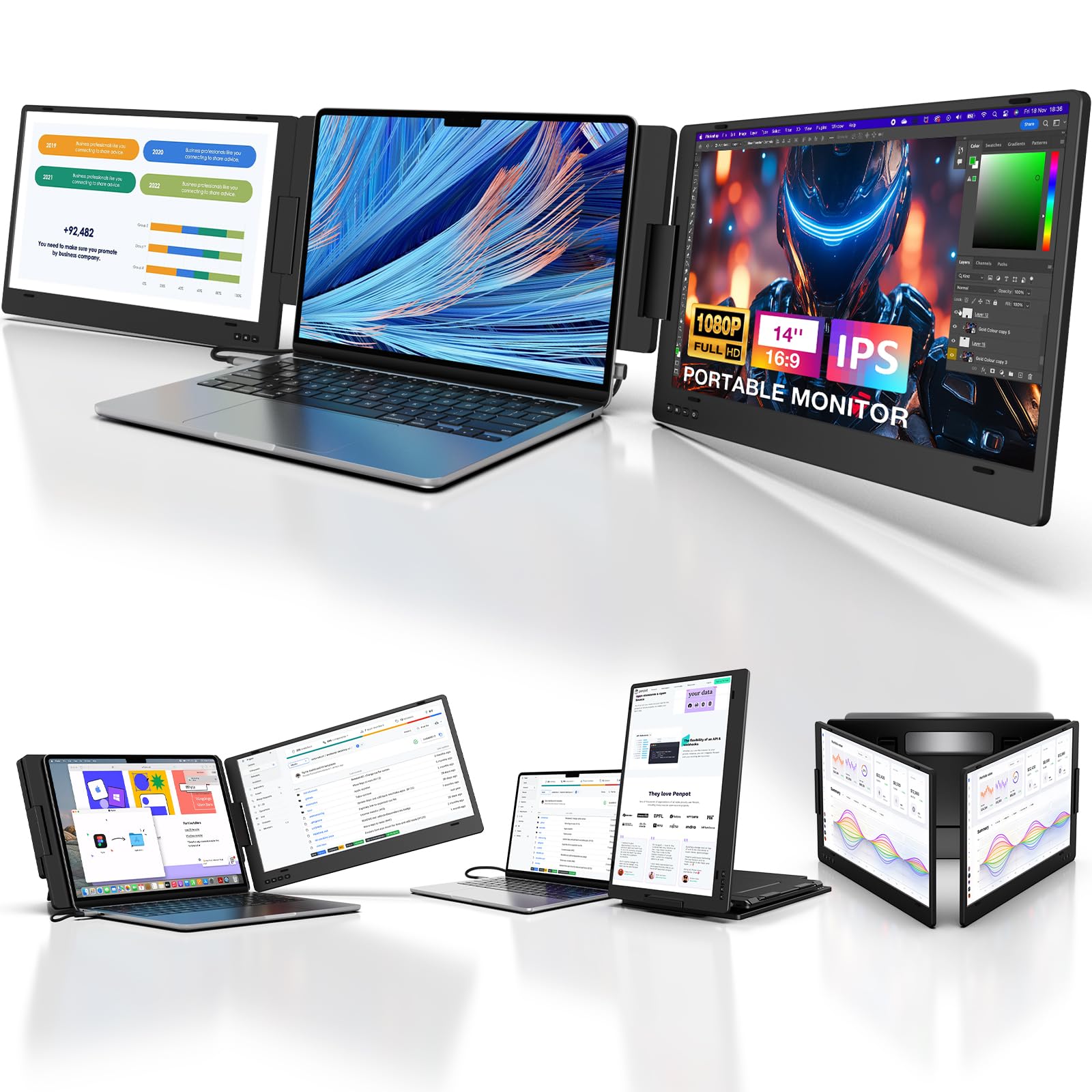 مانیتور قابل حمل KYY برای لپ تاپ، 14 اینچ FHD 1080P USB-C صفحه نمایش سه گانه نمایشگر لپ تاپ IPS، دوگانه نمایشگر برای صفحه اضافی، مانیتور سفر برای لپ تاپ 12 اینچ - 16 اینچ، X90A (مک، ویندوز، اندروید) مشکی