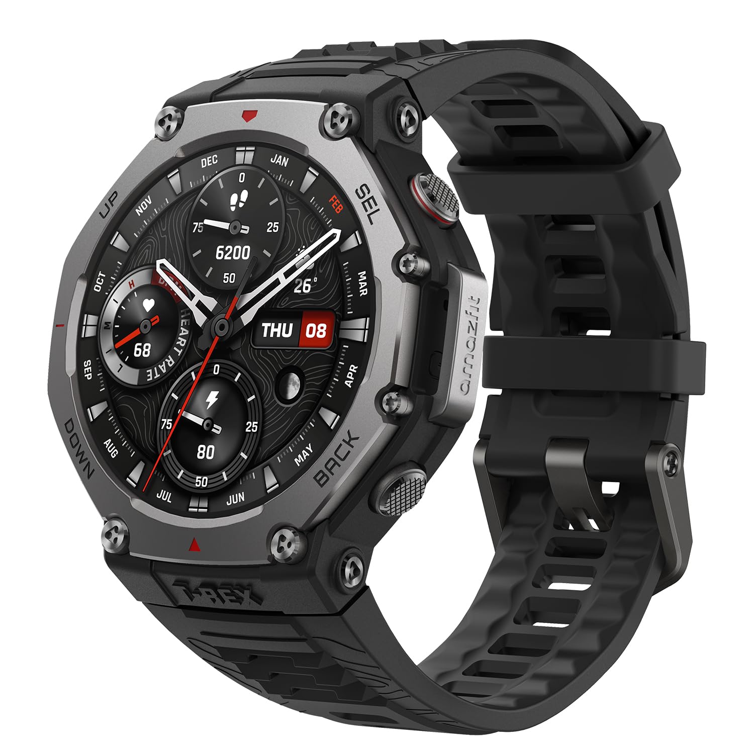 ساعت هوشمند نظامی/مقاوم Amazfit T-Rex 3 Smart با طراحی مقاوم و قطعاً امن برای GPS، نقشه‌های آفلاین، عمر باتری بلند، مقاومت در برابر آب تا عمق 328 فوت، 170 حالت فیتنس/ورزش، هوش مصنوعی، کنترل صوتی، مناسب برای اندروید یا آیفون، با رنگ مشکی انیکس.