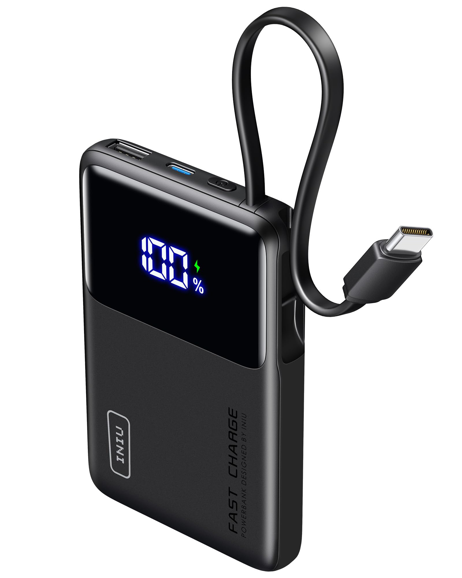 پاور بانک INIU 45W، شارژر قابل حمل 10000mAh با کابل USB-C داخلی، شارژ سریع USB C و خروجی باتری، شارژر خارجی تلفن همراه مسافرتی برای آیفون 16 و 15 سامسونگ S24، S23، گوگل و غیره با کابل داخلی (سیاه)