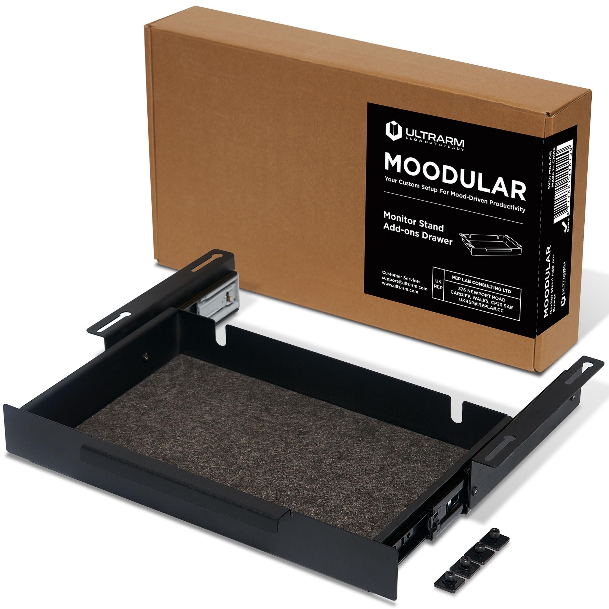 ULTRARM Moodular افزودنی نگهدارنده مانیتور چوبی قابل تنظیم با کشو [متعلقات تنها - نیاز به ریل های لغزشی نگهدارنده مانیتور چوبی Moodular برای استفاده] مشکی MSA-DR 12 کشوی افزودنی