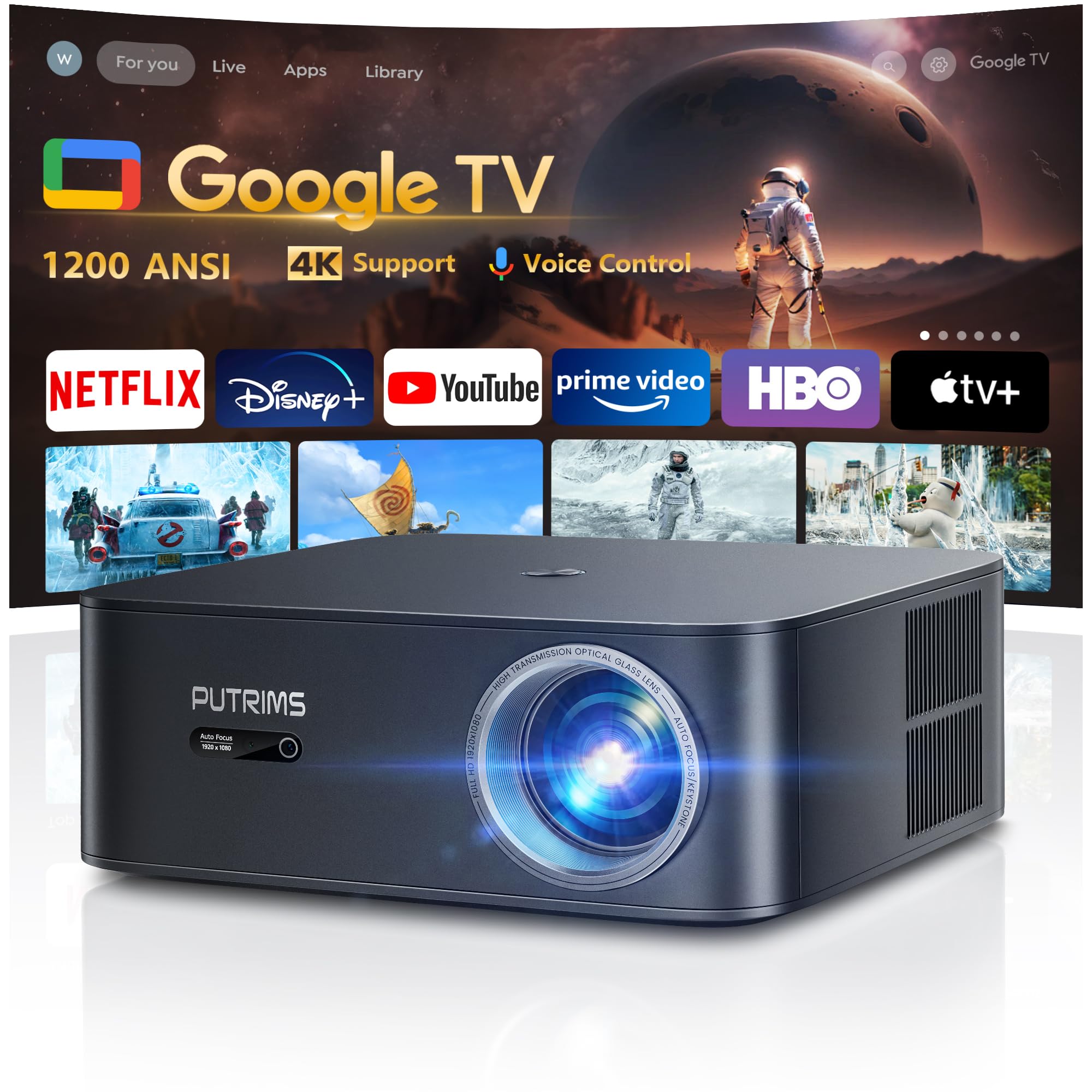 پروژکتور 4K 1200 ANSI/Google TV: Netflix رسمی، فوکوس خودکار اصلاح کی‌استون پروژکتور هوشمند WiFi6 بلوتوث، کنترل صوتی پروژکتور LED روز Full HD 1080P 300 اینچی برای سینمای خانگی / خاکستری