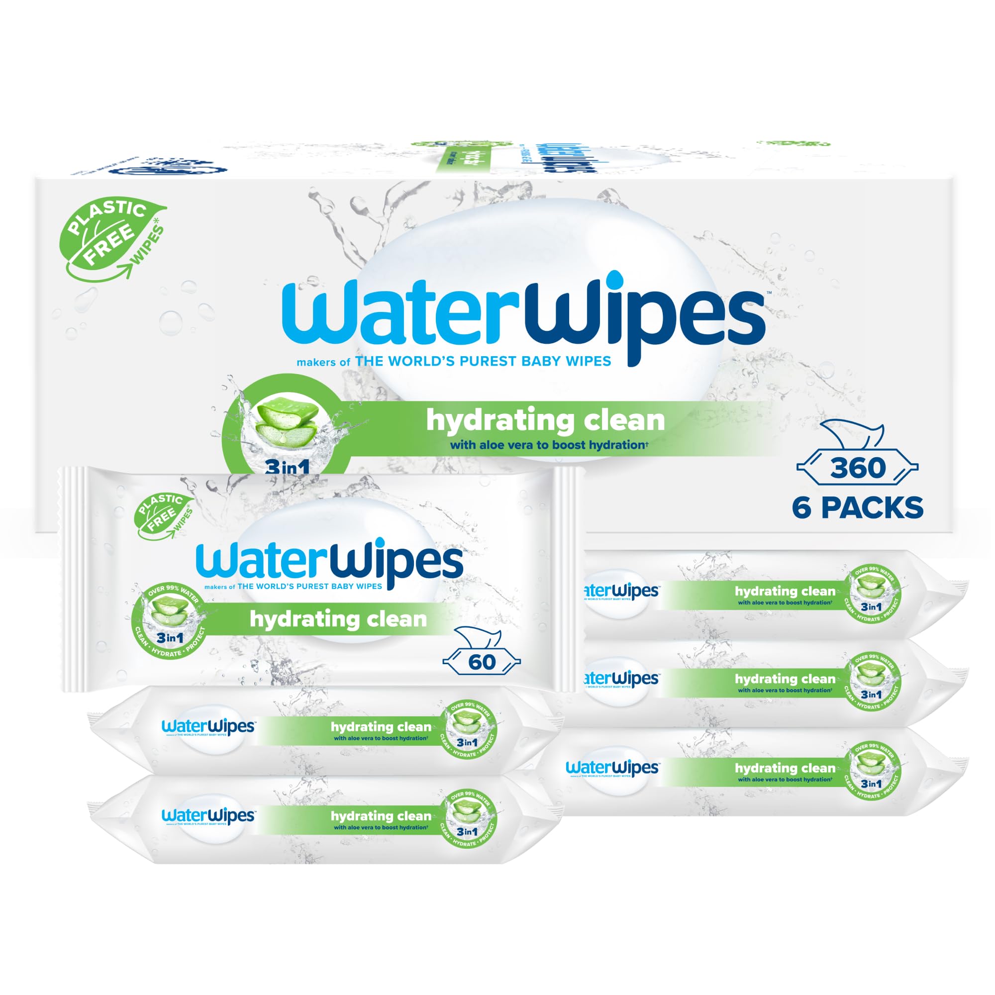 کوسه بچه تمیز کننده مرطوب تمیز کننده WaterWipes، ۳۶۰ مرطوب (۶ بسته)، با ۹۹٪ آب و استخراج آلوئه ورا، مرطوب کننده برای صورت و بدن