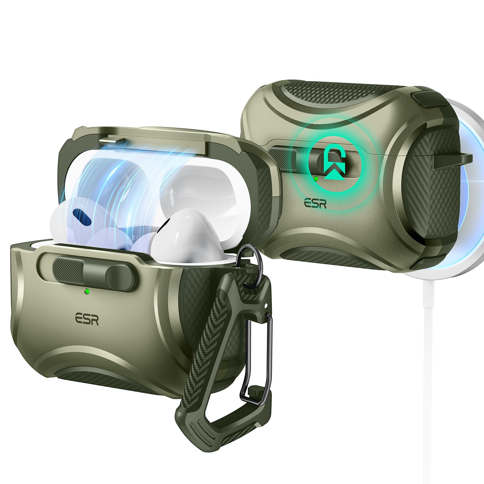 کیف ESR برای AirPods Pro 2 (۲۰۲۳/۲۰۲۲/۲۰۱۹، نسل ۲/۱)، سازگار با نسل دوم AirPods Pro (کابل USB-C/لایتنینگ)، مگنت MagSafe بدون تلاش، قفل ضد سقوط، باز کردن آسان، سری سایبری، کیف AirPods Pro 2/1 سبز ارتشی