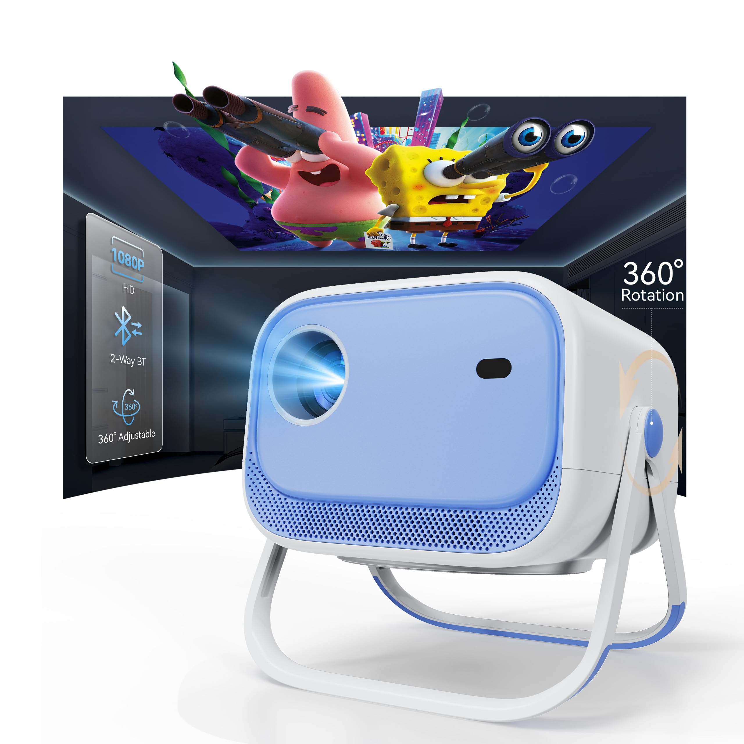 مینی پرژکتور با وای-فای و بلوتوث و قابلیت تنظیم 360 درجه، MEER پرتابل 1080P با روشنایی 15000 لومن مدل.