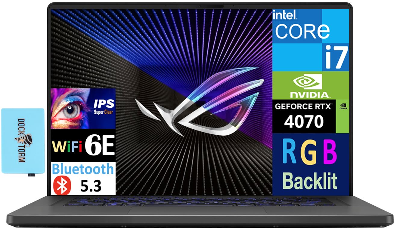 لپ‌تاپ گیمینگ ASUS ROG Zephyrus G16 با صفحه‌نمایش IPS WUXGA 16.0 اینچی و فرکانس تازه‌سازی 165Hz، دارای پردازنده اینتل Core i7-13620H، کارت گرافیک GeForce RTX 4070 با حافظه 8 گیگابایتی، 24 گیگابایت حافظه DDR4، 1 ترابایت حافظه داخلی SSD PCIe، صفحه کلید RGB، Thunderbolt 4، WiFi 6E، ویندوز 11 با پورت USB دارای قابلیت افزایش تعداد پورت DKZ- ارتقا یافته