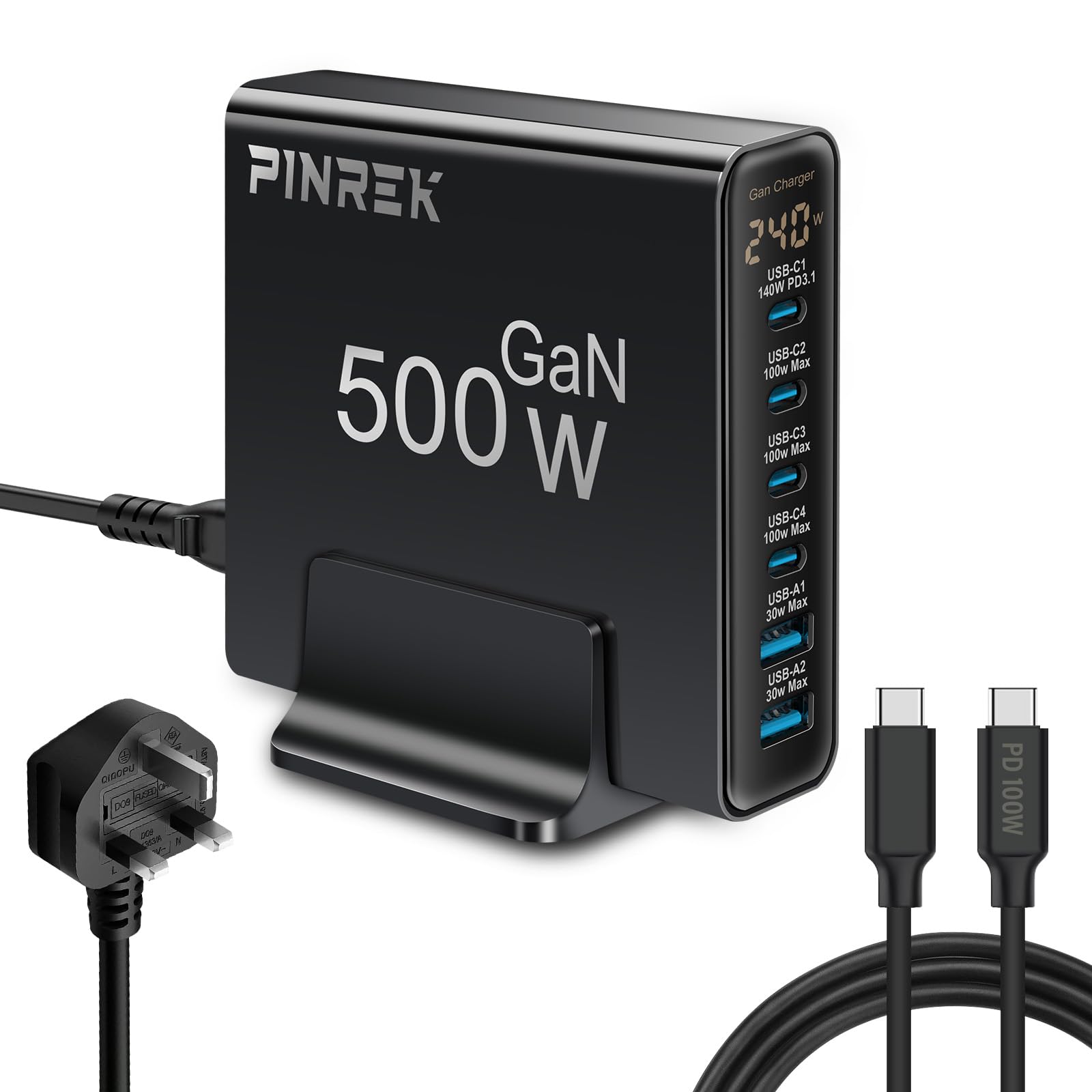 ایستگاه شارژ سریع ۶ پورت ۵۰۰ وات: خروجی کل ۲۴۰ وات شارژر USB-C با نمایشگر LED، حداکثر توان ۱۴۰ وات تحویل برق GAN نوع C آداپتور برای آیفون، آیپد، مک‌بوک و دستگاه‌های گلکسی RCE-۲۴۰۰۱