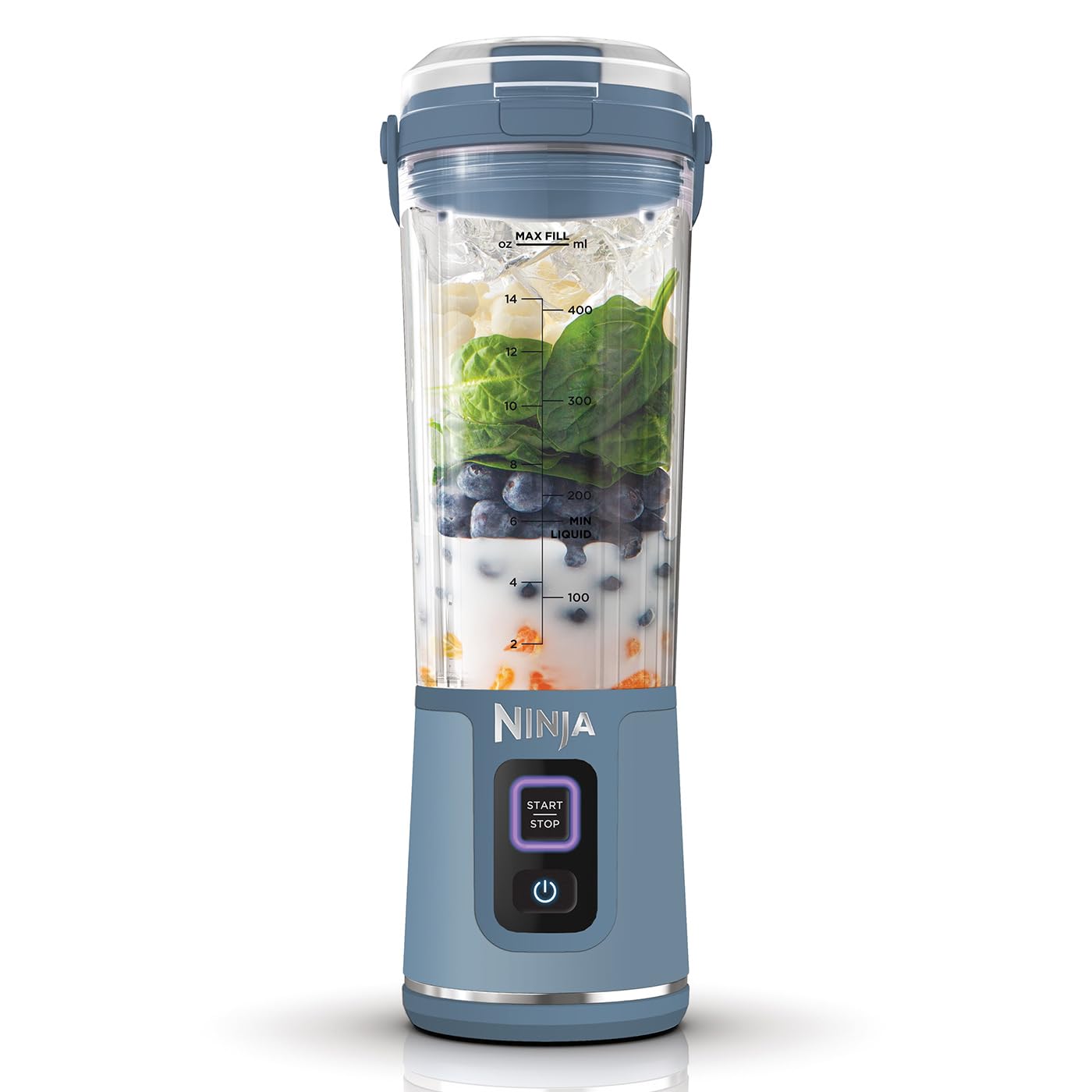 Ninja Blast قابل حمل Blender، 530 میلی لیتر، درب ضد نشت و دمنوش، قابل شارژ، Smoothies قابل حمل، پروتئین شیک، ترکیب یخ و میوه های یخ زده، آبی دنیم، BC151MENV، 2 سال گارانتی نیروی دریایی
