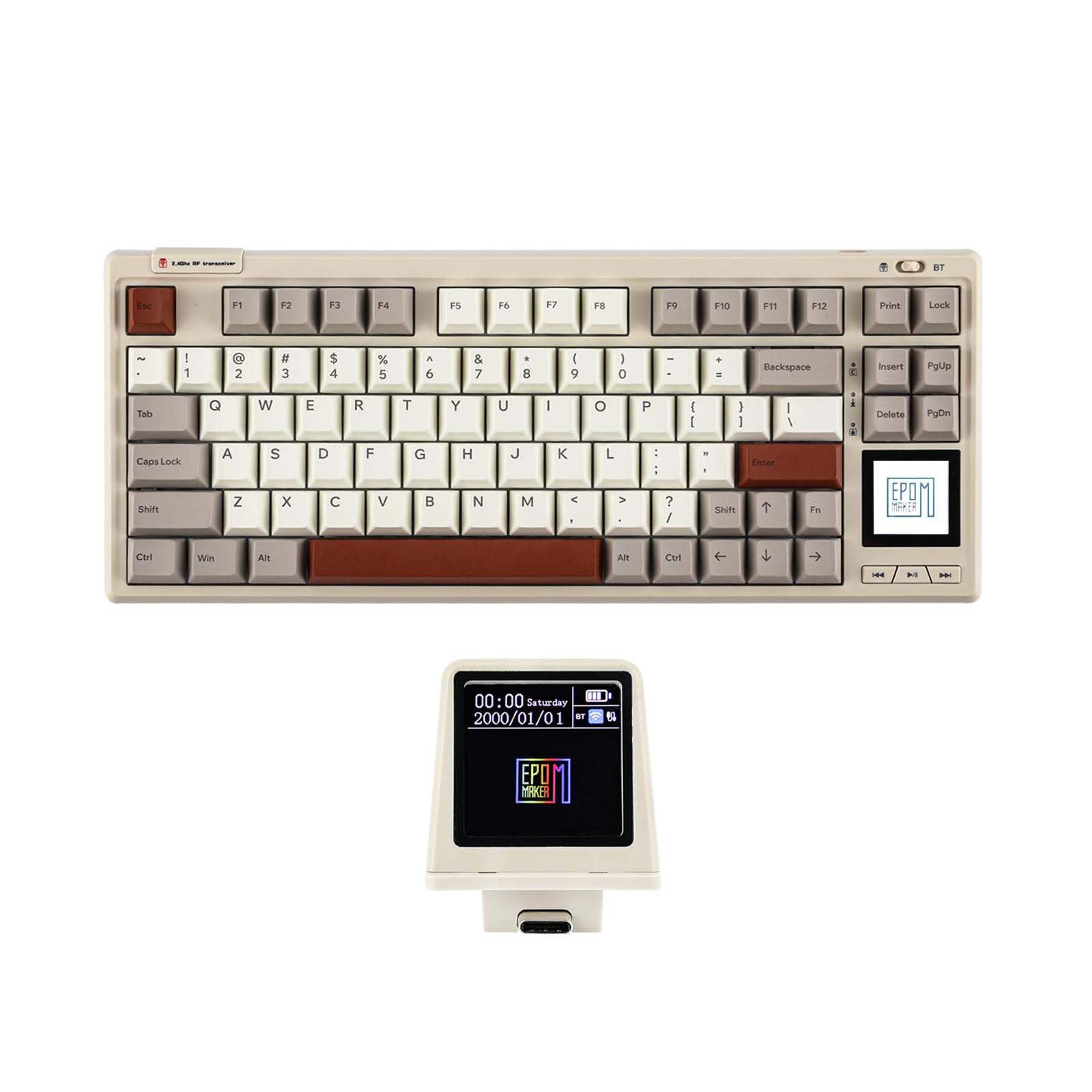 کیبورد بازی بی‌سیم EPOMAKER RT80، کیبورد مکانیکی 75٪ با سه حالت، کیبورد سفارشی Hot-swap Creamy، با صفحه لمسی و صفحه نمایش کوچک، NKRO برای بازی و اداره (خاکستری رترو، سوییچ فلامینگو) سوییچ فلامینگو خاکستری رترو