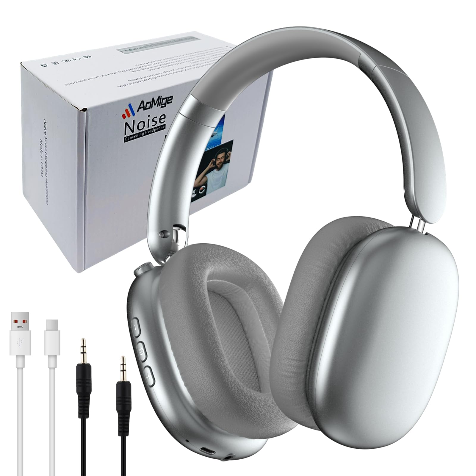 هدفون بی‌سیم قابل تنظیم AoMige 2.4GHz Over-Ear قابل تاشو - حالات چندگانه، بلوتوث 5.4، لغو فعال نویز ANC، صدای استریو با کیفیت بالا Hi-Res، 40 ساعت پخش موزیک، هدفون قابل تنظیم حجم (نقره‌ای)