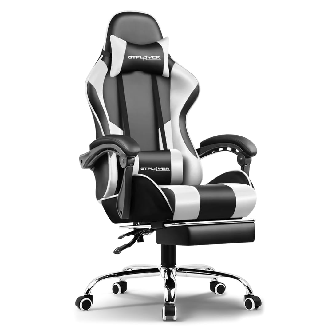 صندلی بازی GTPLAYER #1USA - پشتی ماساژ دهنده، چرم PU با کیفیت بالا، طراحی ارگونومیک با پادوس، چرخش ۳۶۰ درجه، گردن قابل تنظیم و دستکم و پشتی جهت پشتیبانی، صندلی خانگی و اداری (سفید)