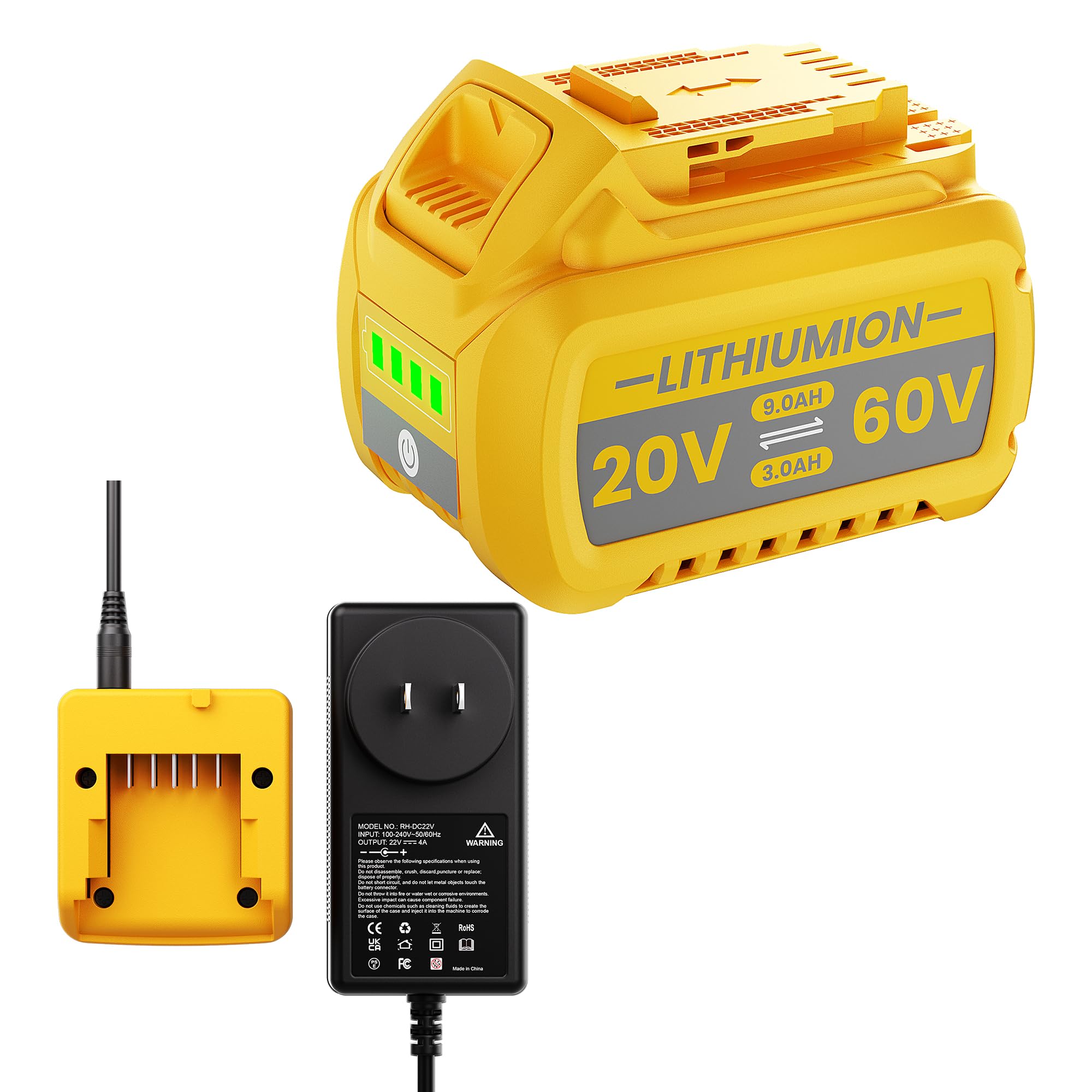 باتری قابل شارژ 20V / 60V Flexvolt DCB609 9.0Ah جایگزین باتری Dewalt Flexvolt 20V / 60V Max و شارژر سازگار با باتری‌های DCB609 DCB606 DCB612 DCB206 DCB205 DCB204 DCB203 DCB201 لیتیوم