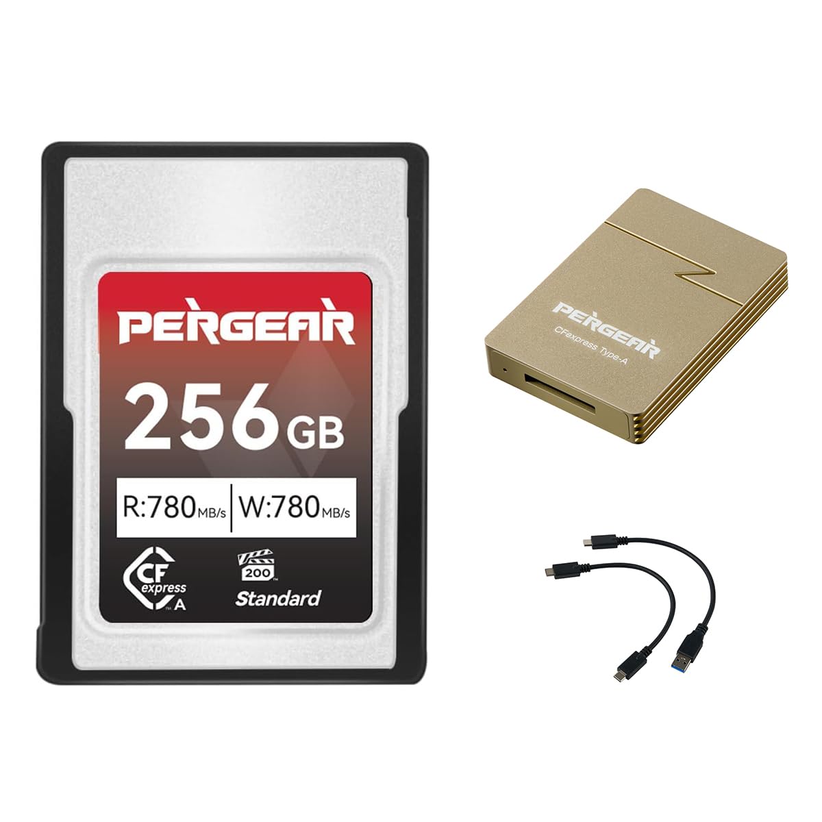 کارت حافظه Pergear 256GB CFexpress Type A، نسخه ۲، با سرعت خواندن ۷۸۰ مگابایت بر ثانیه و سرعت نوشتن ۷۸۰ مگابایت بر ثانیه برای ضبط ویدیو/عکس ۴K 120P، ۸K 30P، همراه با خواننده کارت، سازگار با دوربین‌های سونی Alpha و FX