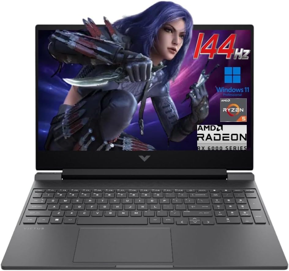 لپ تاپ بازی گیمینگ HP Victus 15.6 اینچ 144Hz FHD، AMD Ryzen 5 7535HS، 16 گیگابایت رم DDR5، 512 گیگابایت حافظه SSD، AMD Radeon RX 6550M، Beats RTX 2050، صفحه کلید با نور پس‌زمینه، ویندوز 11 پرو، نقره‌ای میکا