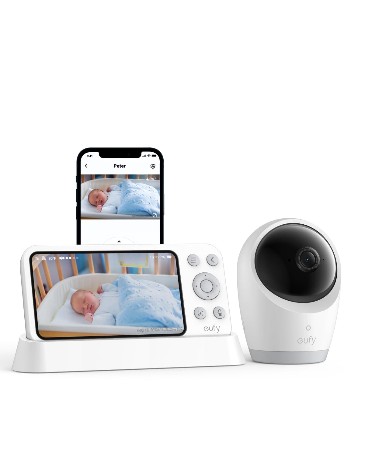 دوربین نظارت بچه eufy E21 با دوربین 4K، اتصال هجیبرید Wi-Fi و بدون اتصال Wi-Fi، کنترل از طریق برنامه و دستگاه نظارت، دید شب بسیار واضح، چرخش افقی و عمودی، زوم 8x، دوربین قابل حمل با باتری داخلی، ANR، هشدارهای هوشمند